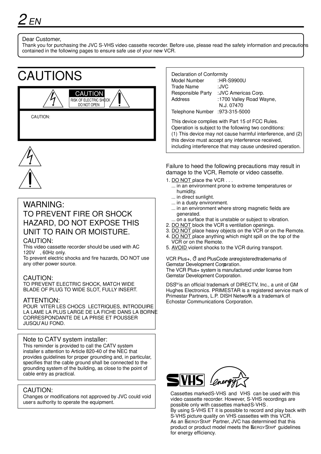 JVC HR-S9900U manual Dear Customer, Telephone Number 