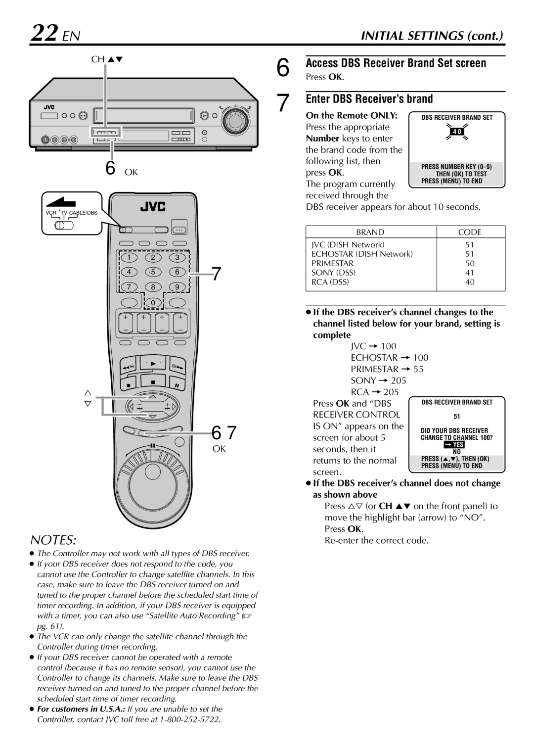 JVC HR-S9900U manual 22 EN, Access DBS Receiver Brand Set screen, Enter DBS Receiver’s brand 