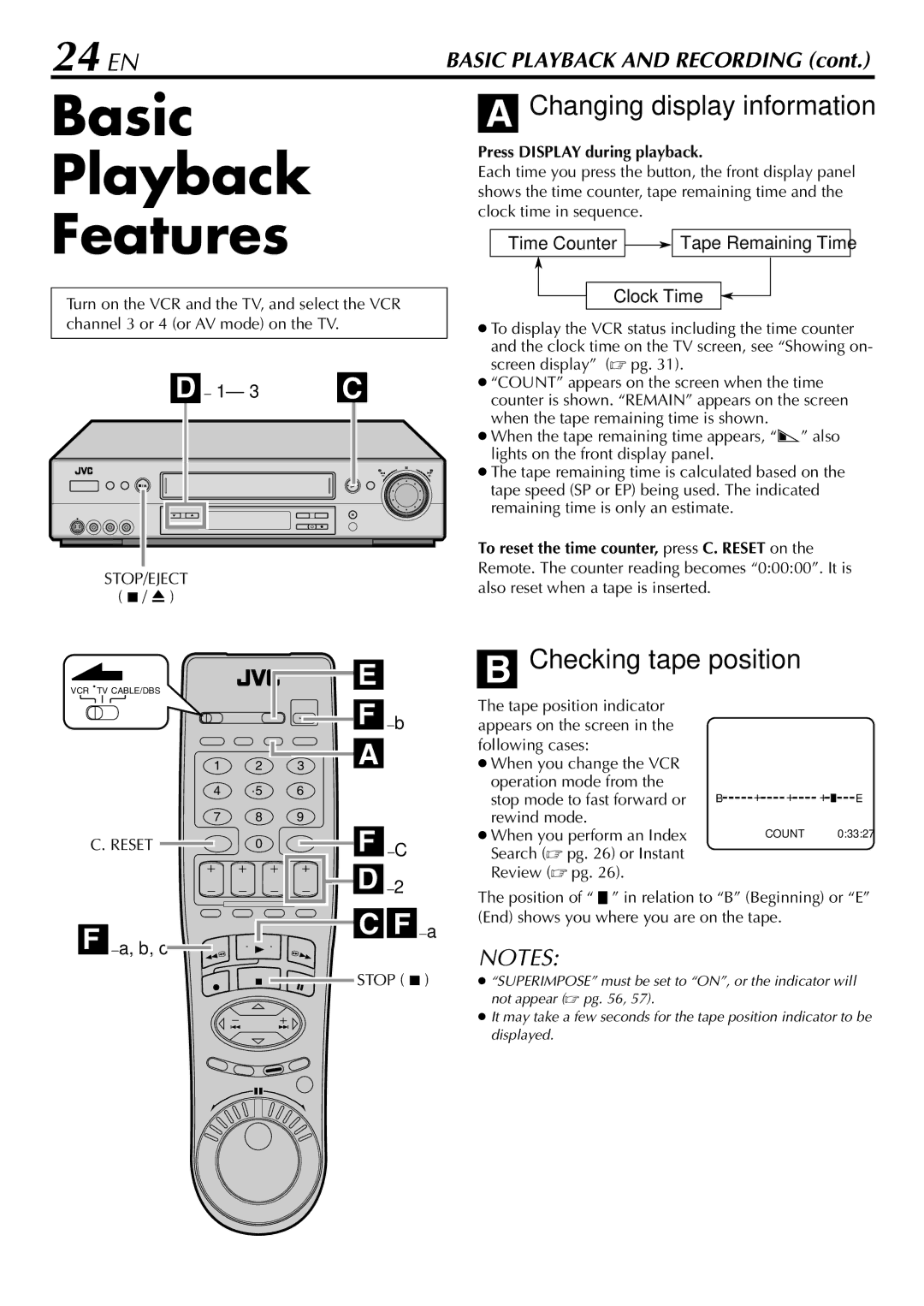 JVC HR-S9900U manual Basic Playback Features, 24 EN, Changing display information, Checking tape position 