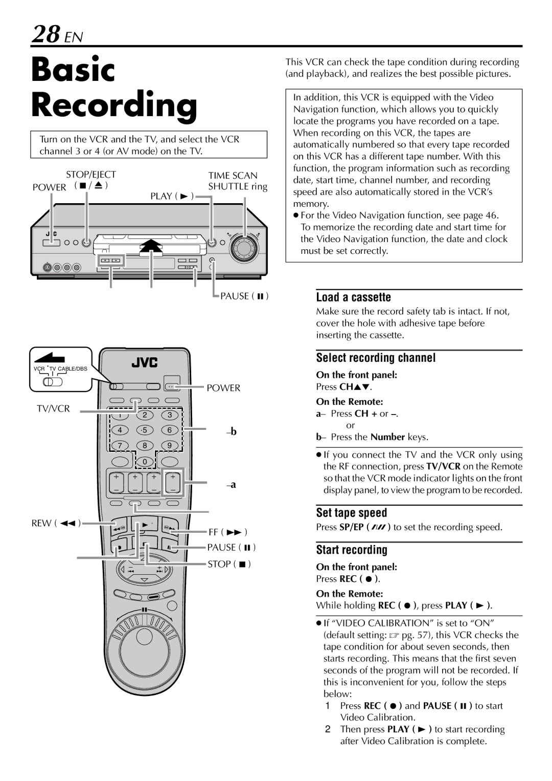 JVC HR-S9900U manual Basic Recording, 28 EN, Select recording channel, Set tape speed, Start recording 