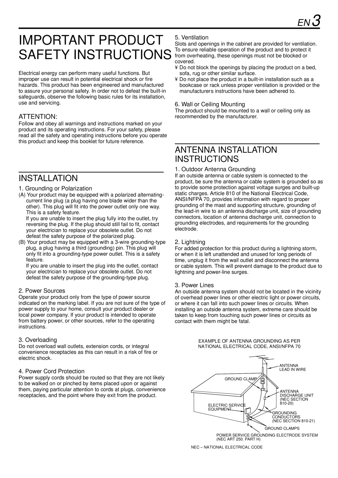 JVC HR-S9900U manual Grounding or Polarization, Power Sources, Overloading, Power Cord Protection, Ventilation, Lightning 