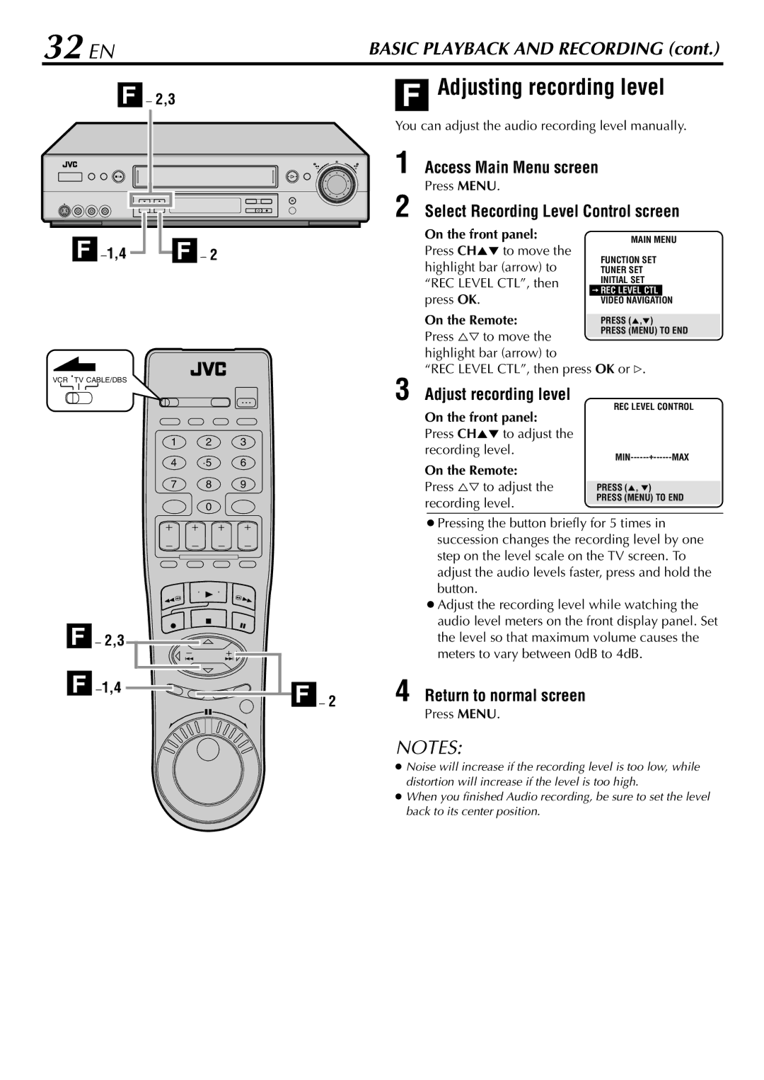 JVC HR-S9900U 32 EN, Adjusting recording level, Adjust recording level, On the Remote Press %ﬁ to adjust, Recording level 