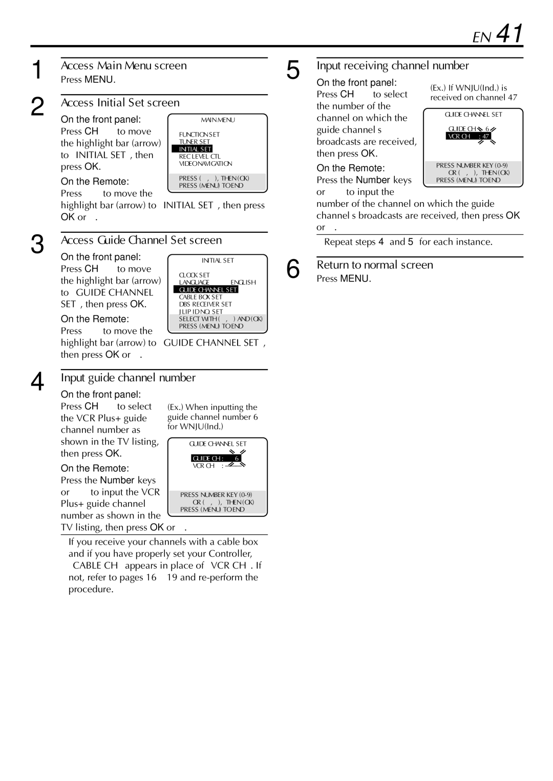 JVC HR-S9900U manual Access Initial Set screen Input receiving channel number, Access Guide Channel Set screen 