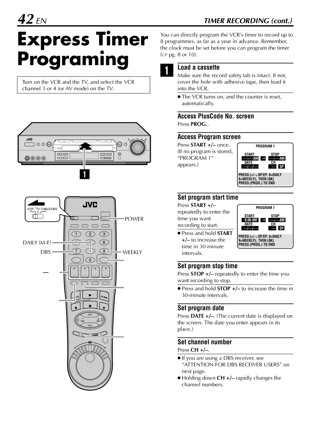 JVC HR-S9900U manual Express Timer Programing, 42 EN 