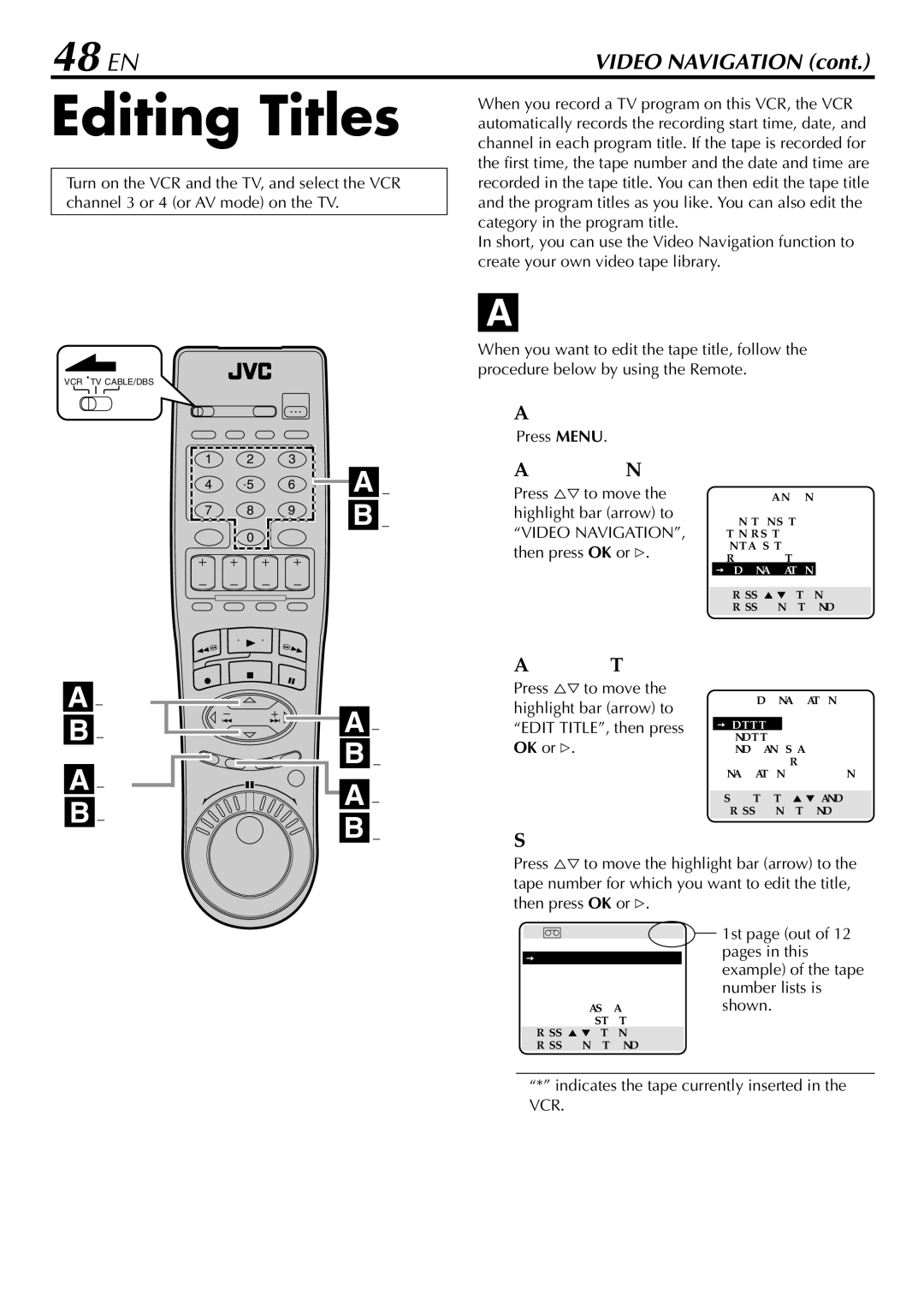 JVC HR-S9900U manual Editing Titles, 48 EN, Editing tape title, Access Edit Title screen, Select tape number 