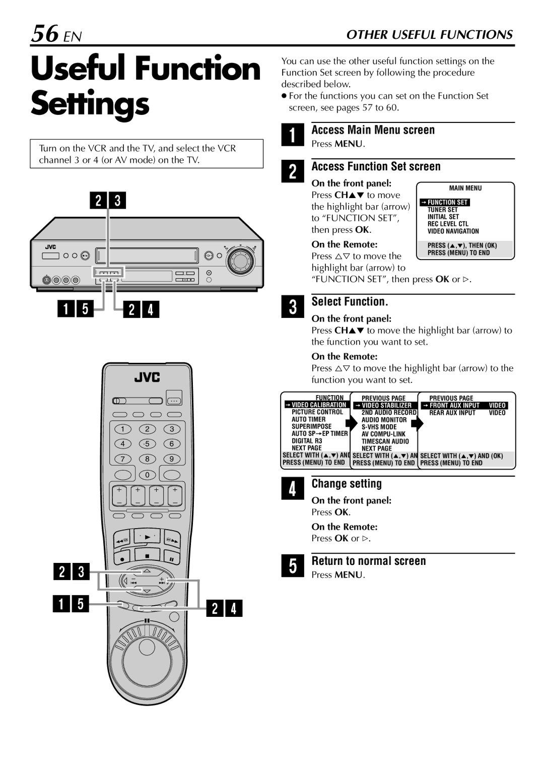 JVC HR-S9900U manual Settings, 56 EN, Access Function Set screen, Select Function, Change setting 