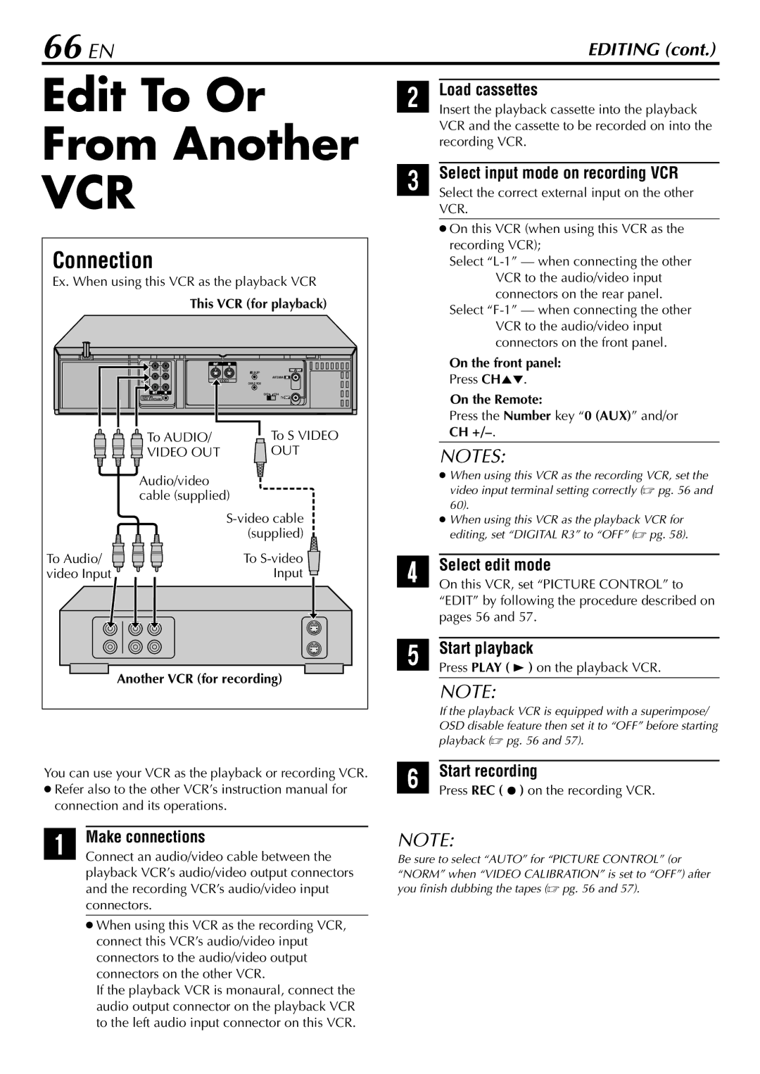 JVC HR-S9900U manual Edit To Or From Another, 66 EN, Load cassettes, Select input mode on recording VCR, Select edit mode 