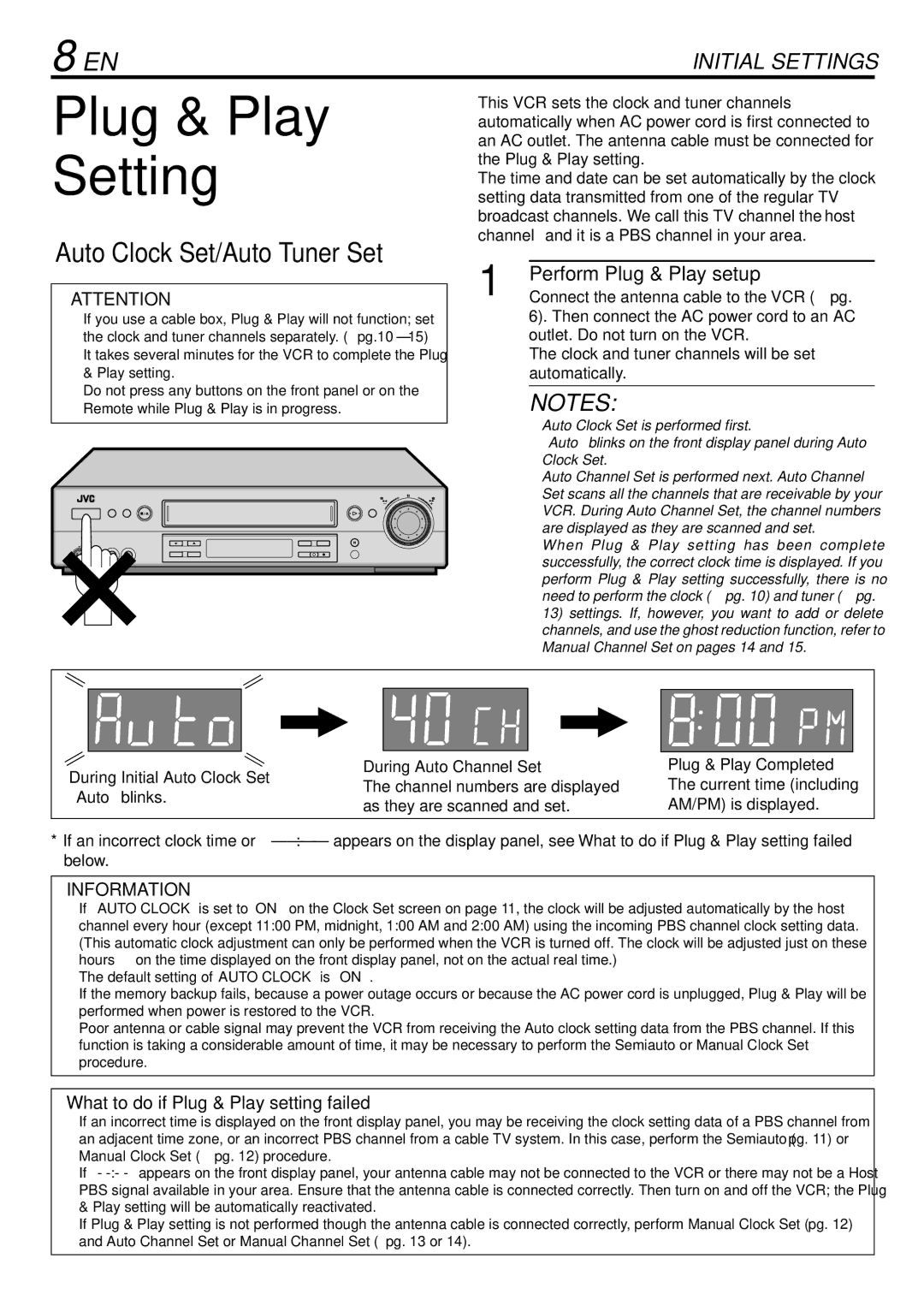 JVC HR-S9900U manual Plug & Play Setting, Perform Plug & Play setup, What to do if Plug & Play setting failed 