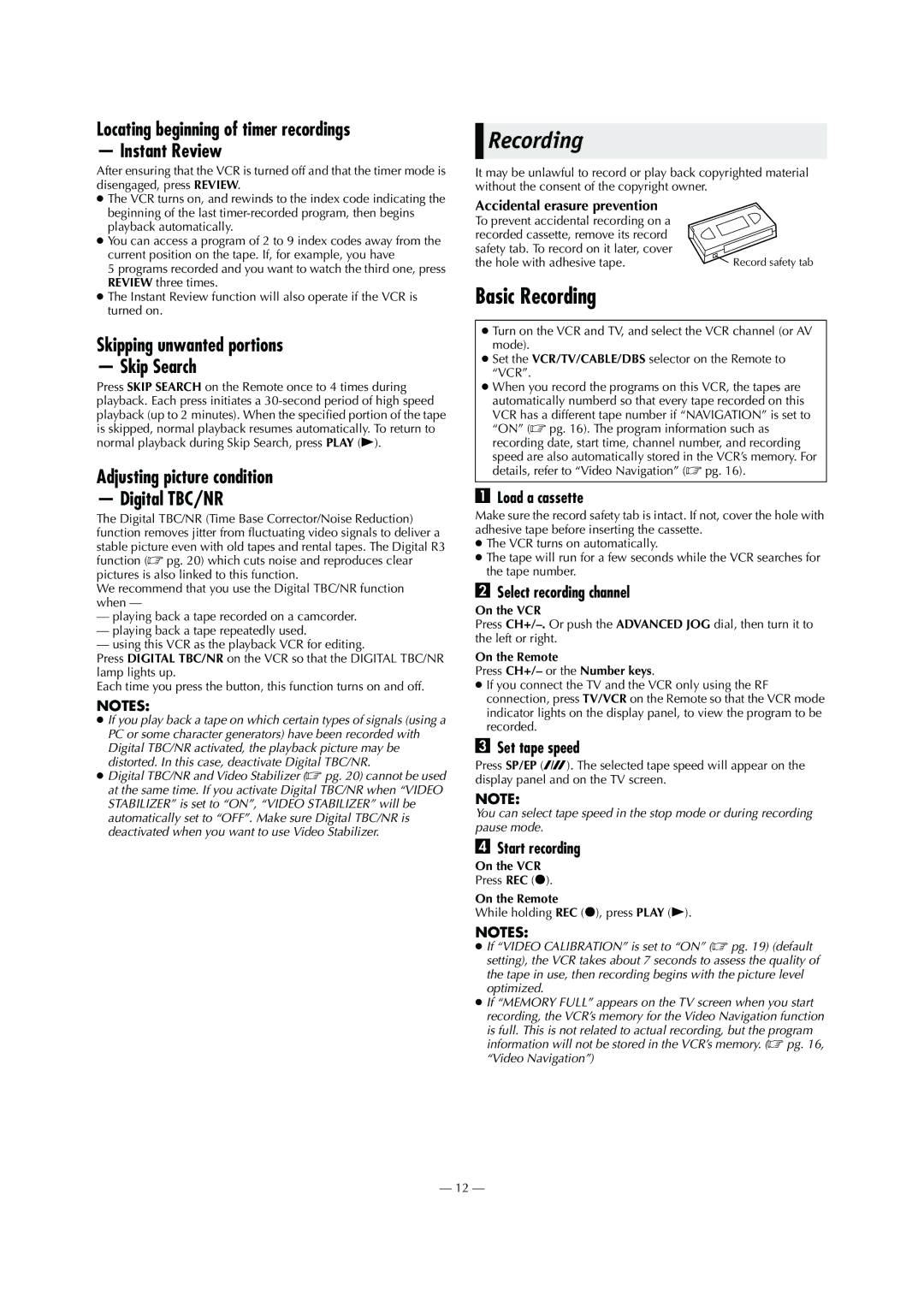 JVC HR-S9911U specifications Basic Recording, Locating beginning of timer recordings Instant Review 