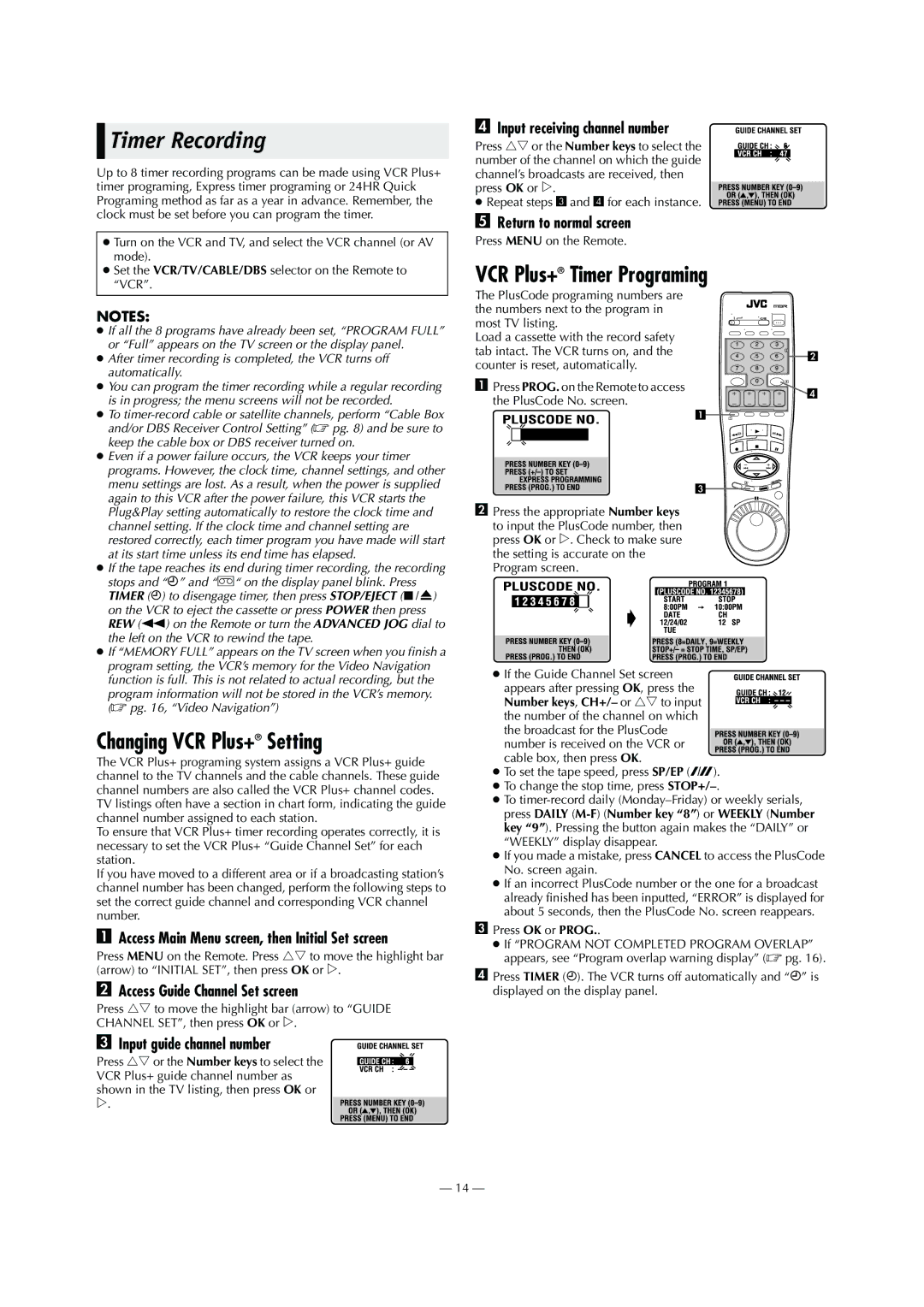 JVC HR-S9911U specifications Timer Recording, Changing VCR Plus+ Setting, VCR Plus+ Timer Programing 