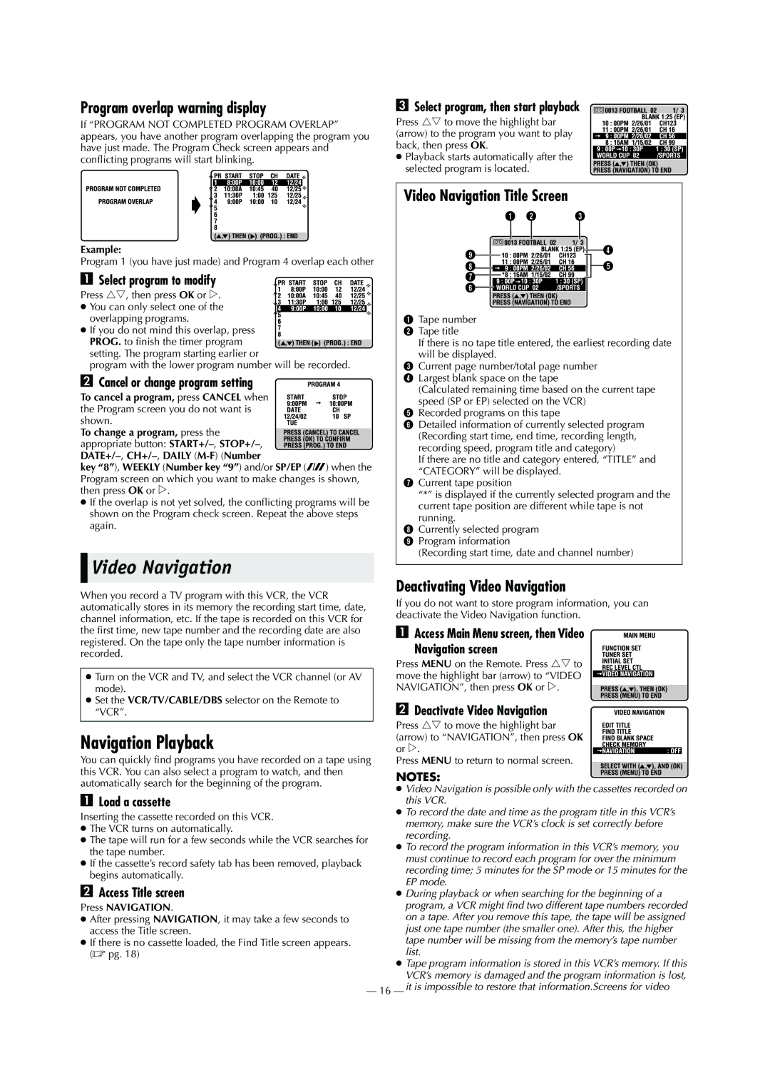 JVC HR-S9911U specifications Program overlap warning display, Video Navigation Title Screen, Deactivating Video Navigation 