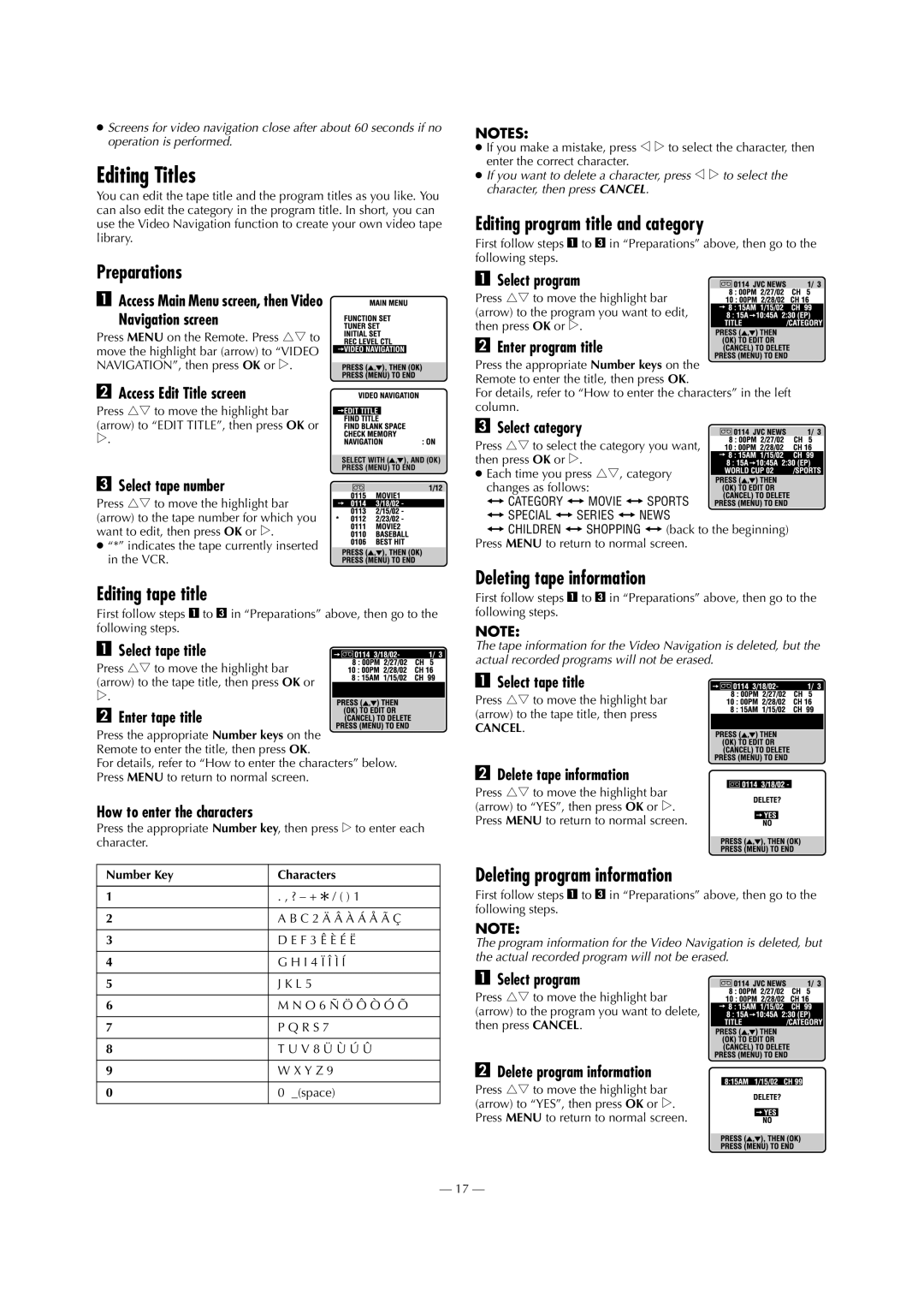 JVC HR-S9911U Editing Titles, Editing tape title, Editing program title and category, Deleting tape information 