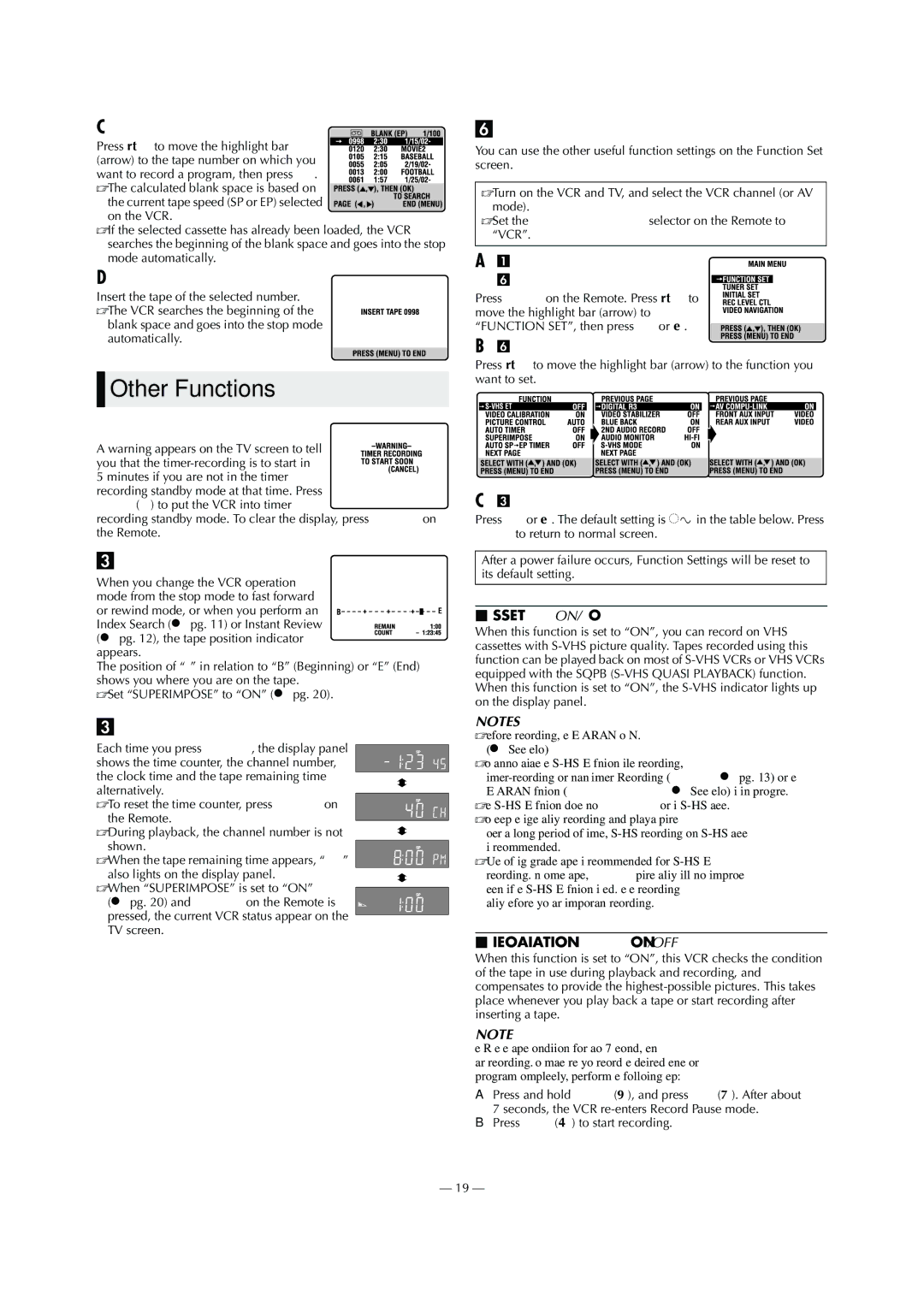 JVC HR-S9911U specifications Other Functions, Timer warning display, Checking tape position, Function settings 