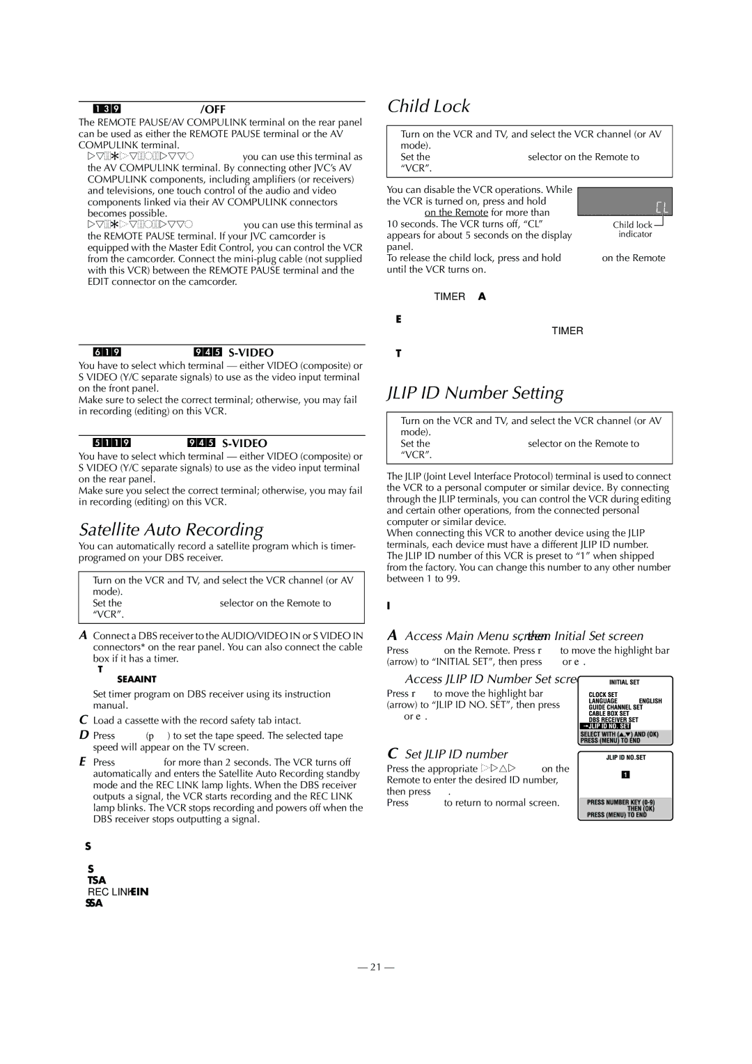 JVC HR-S9911U specifications Satellite Auto Recording, Child Lock, Jlip ID Number Setting, Access Jlip ID Number Set screen 