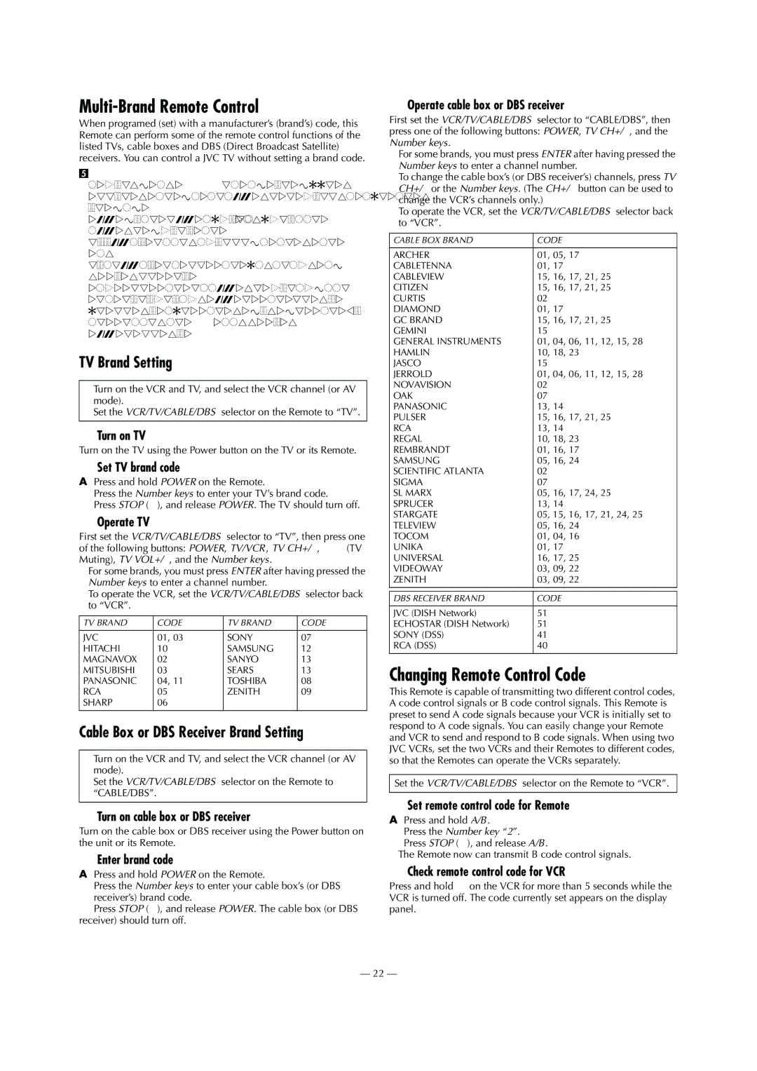 JVC HR-S9911U specifications Multi-Brand Remote Control, Changing Remote Control Code, TV Brand Setting 