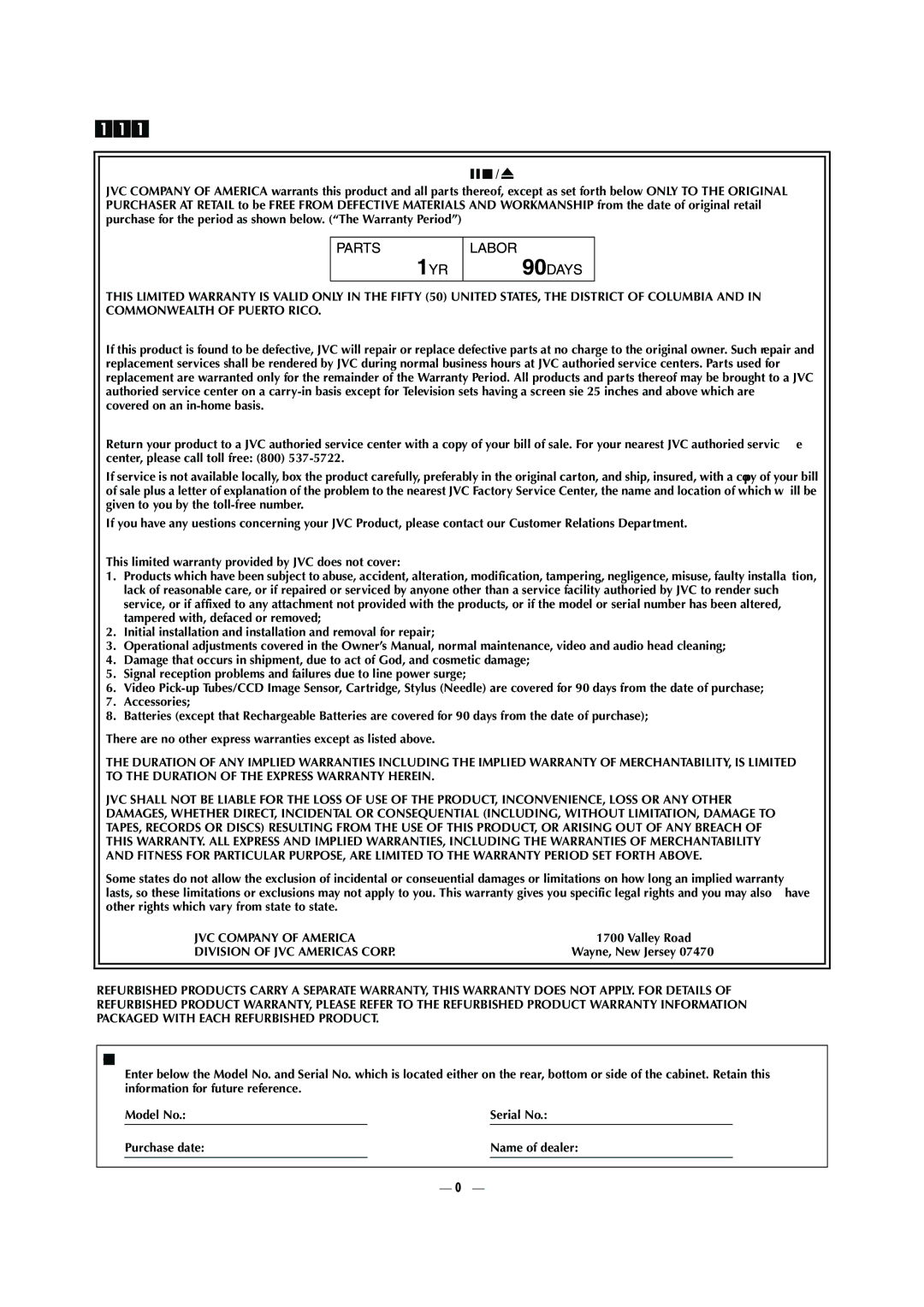 JVC HR-S9911U specifications Warranty Only in U.S.A, Limited Warrantyconsumer Video 