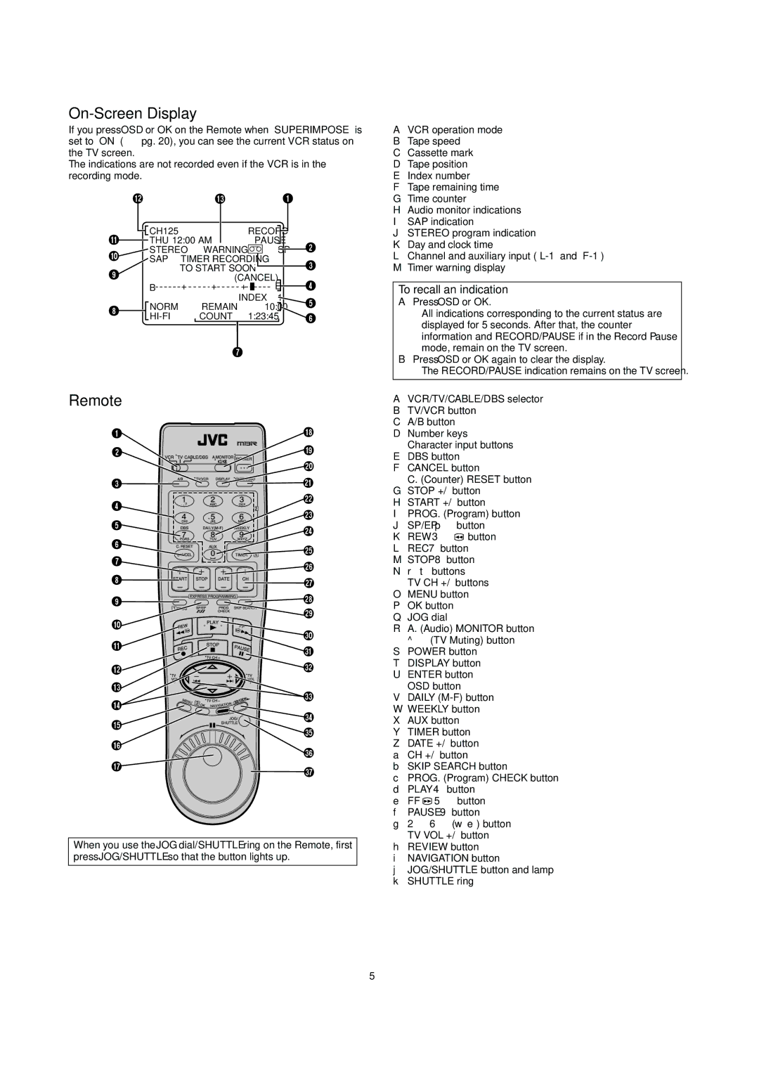 JVC HR-S9911U specifications On-Screen Display, Remote, To recall an indication 