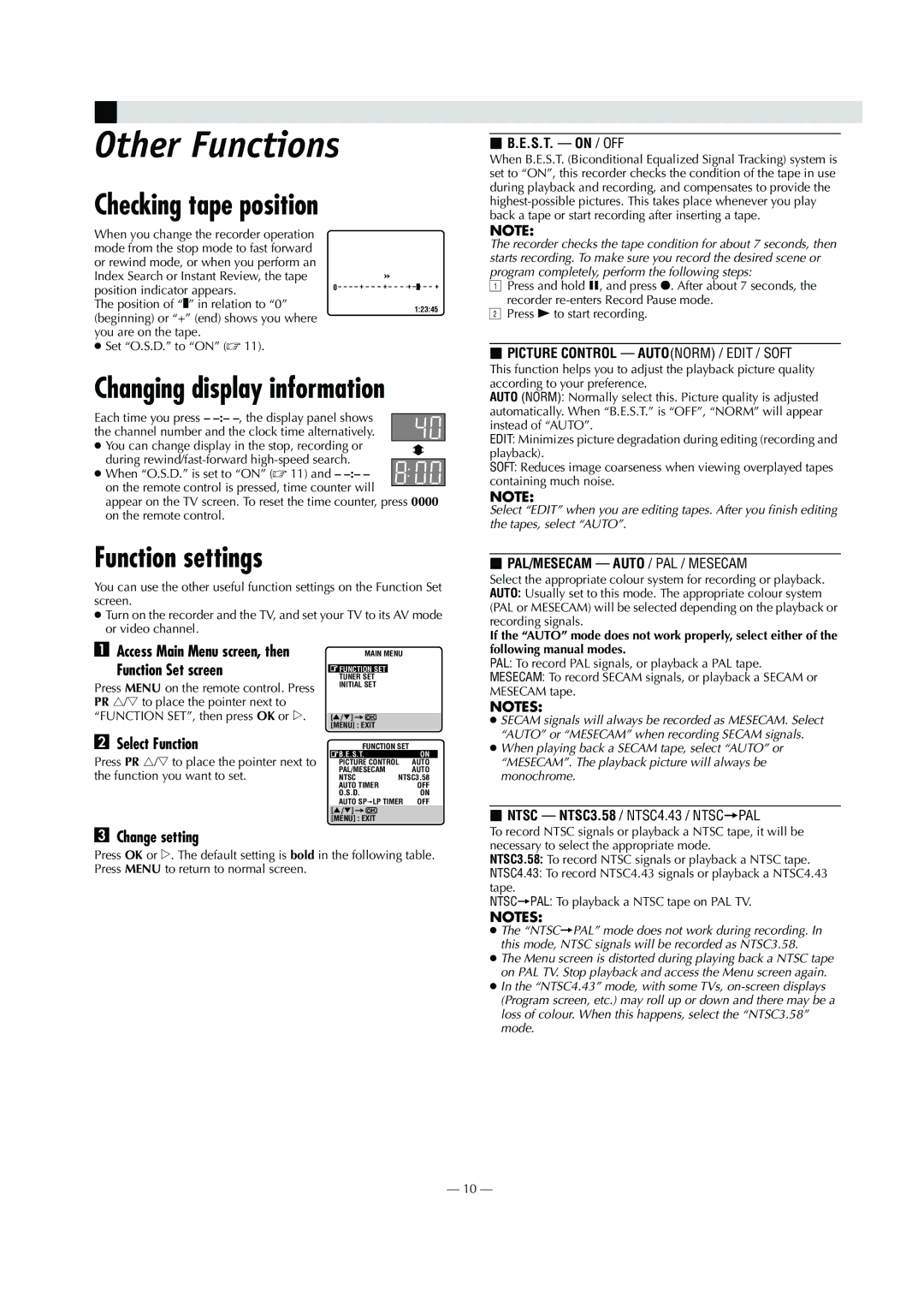 JVC HR-V201AS, HR-V207AG, HR-V400AG, HR-V401AS, HR-V200AA Other Functions, Checking tape position, Function settings 