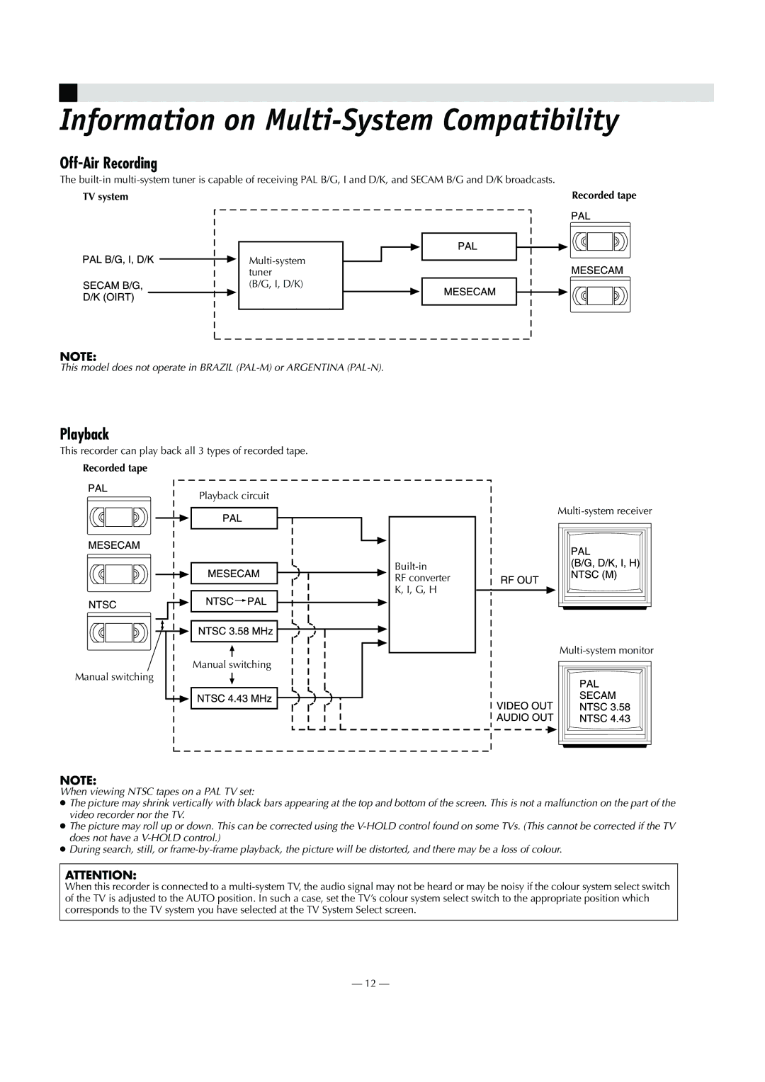 JVC HR-V200AG, HR-V207AG, HR-V400AG Information on Multi-System Compatibility, Off-Air Recording, Playback, Recorded tape 