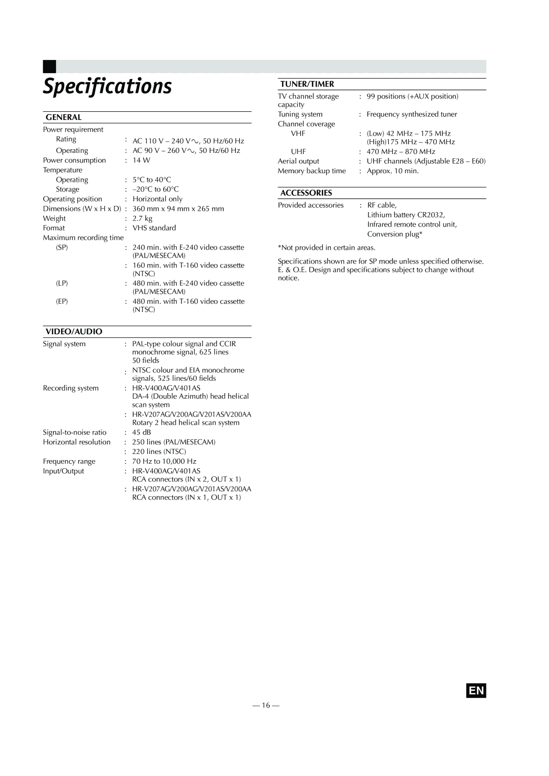 JVC HR-V401AS, HR-V207AG, HR-V400AG, HR-V201AS, HR-V200AA, HR-V200AG, LPT0808-001B specifications Specifications, General 