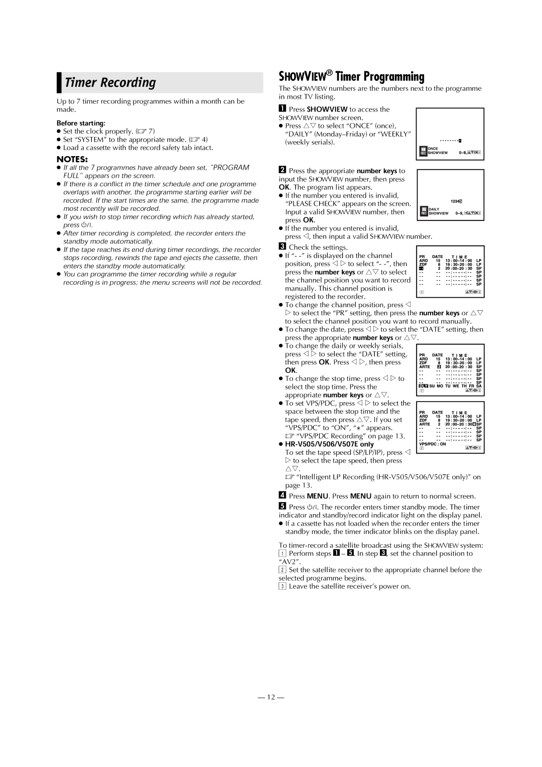 JVC HR-V205E, HR-V506E, HR-V505E, LPT0811-001A, 0203-AH-CR-LG specifications Timer Recording, Showview Timer Programming 