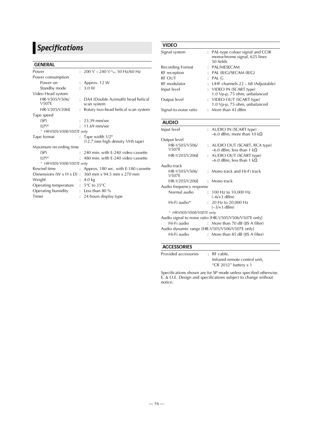 JVC HR-V505E, HR-V506E, HR-V205E, LPT0811-001A, 0203-AH-CR-LG specifications Specifications 