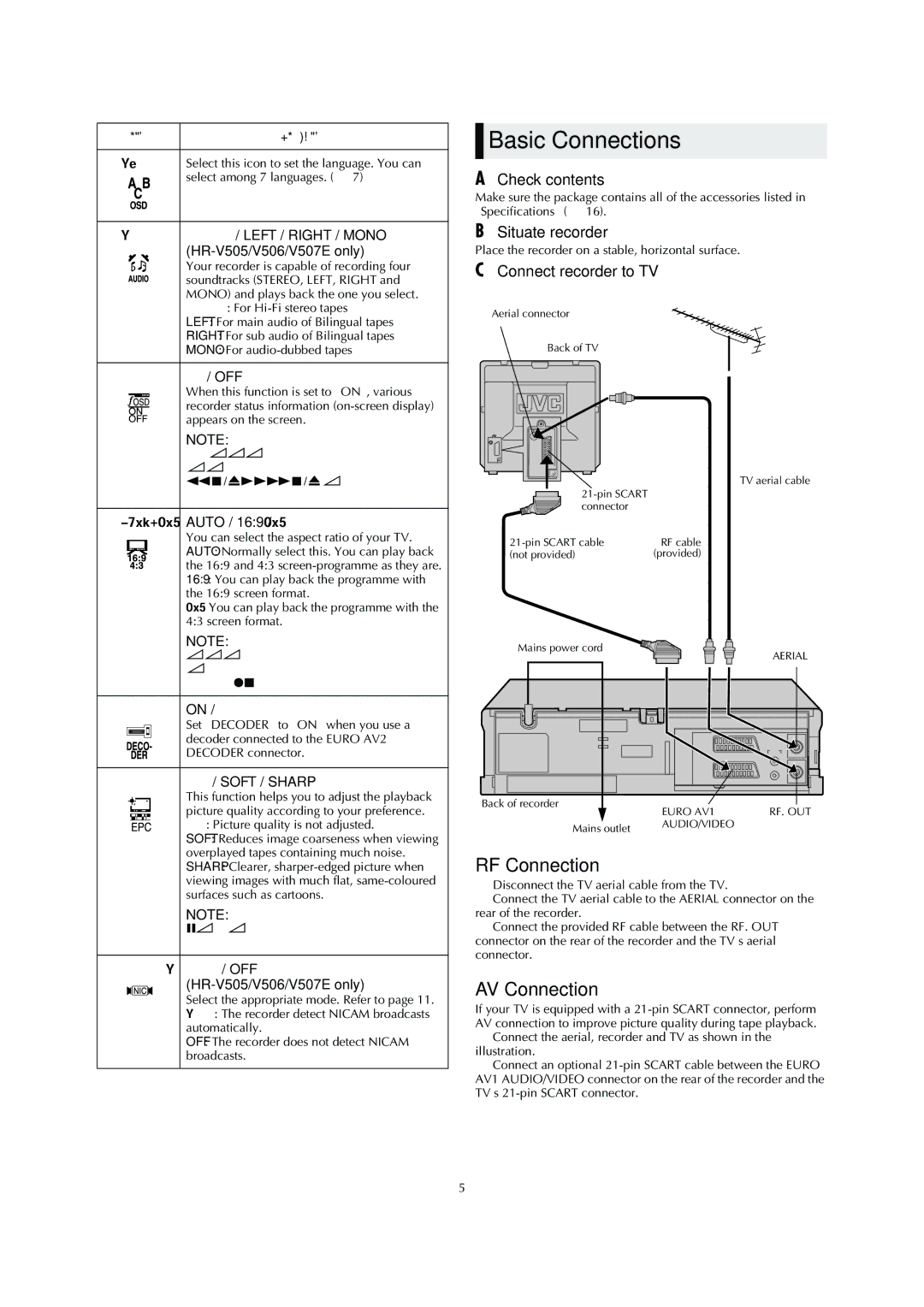 JVC HR-V506E, HR-V505E, HR-V205E, LPT0811-001A, 0203-AH-CR-LG specifications Basic Connections, RF Connection, AV Connection 