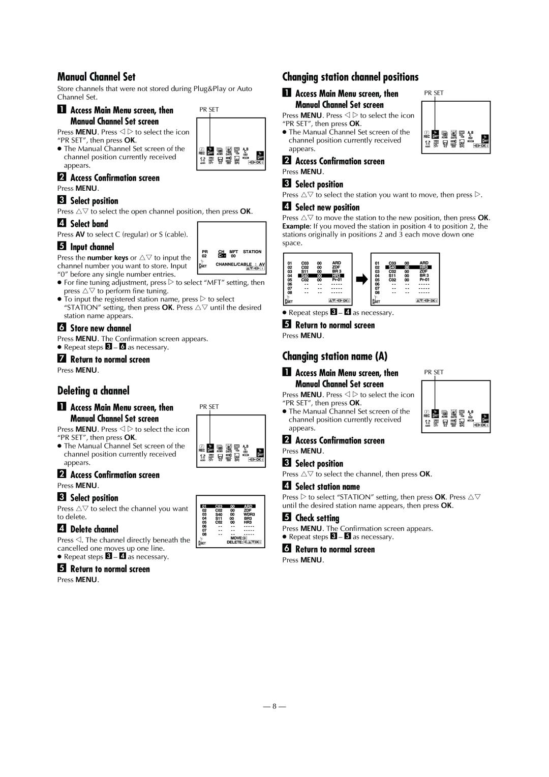 JVC LPT0811-001A Manual Channel Set, Deleting a channel, Changing station channel positions, Changing station name a 