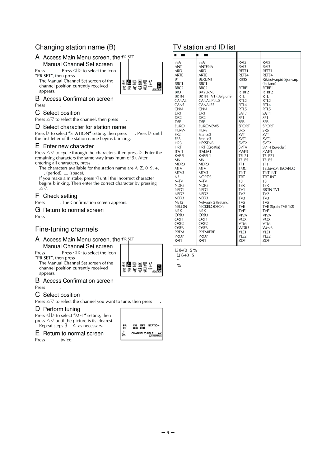 JVC 0203-AH-CR-LG, HR-V506E, HR-V505E, HR-V205E Changing station name B, Fine-tuning channels, TV station and ID list 