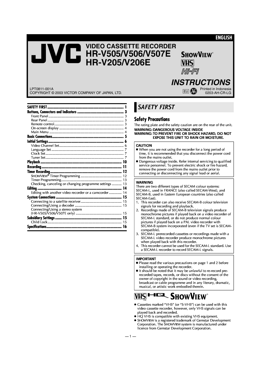 JVC HR-V505E specifications Safety First, Safety Precautions, HR-V505/V506/V507E HR-V205/V206E, Instructions, English 