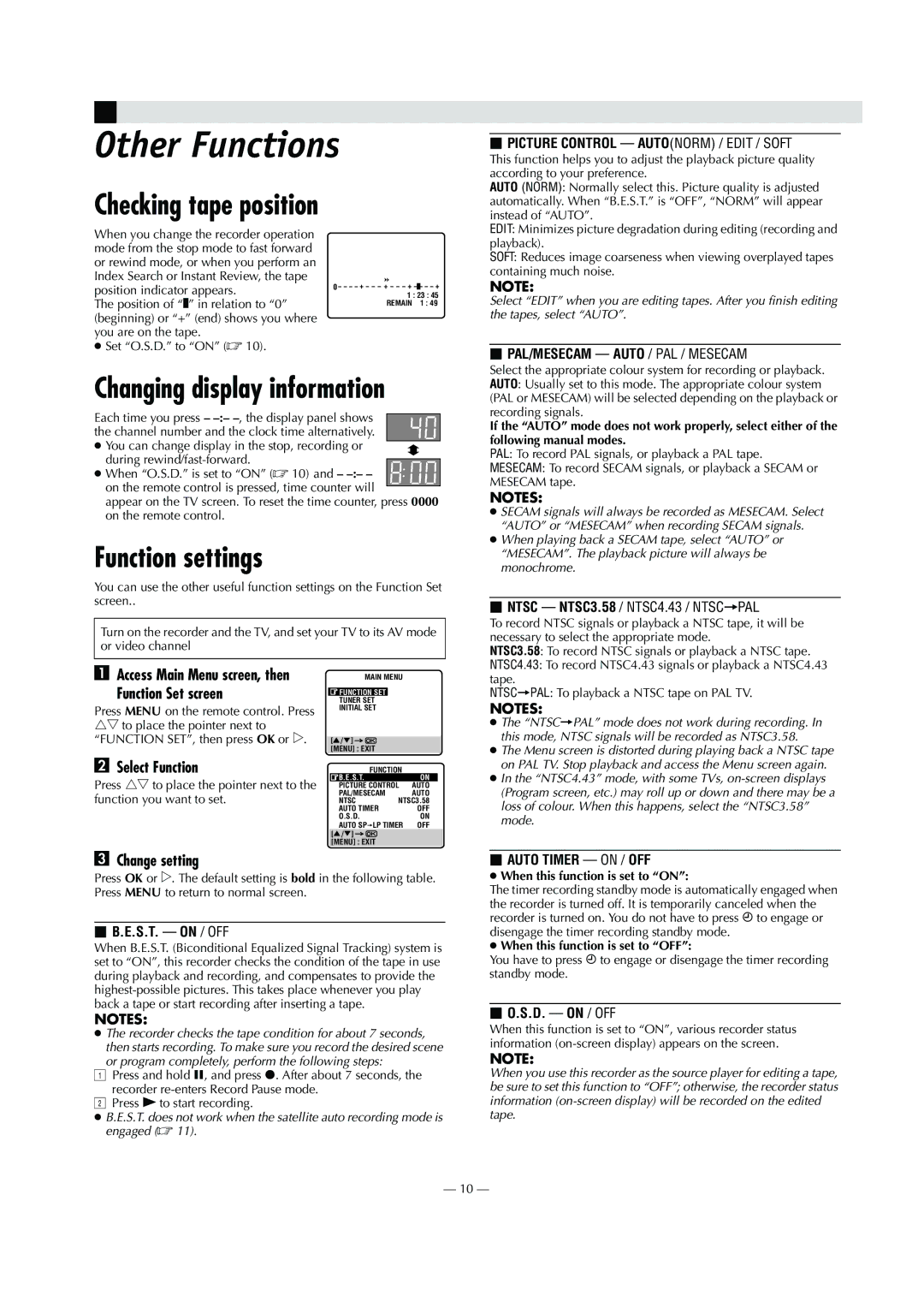 JVC HR-V600AA, HR-V600AG specifications Other Functions, Checking tape position, Function settings 