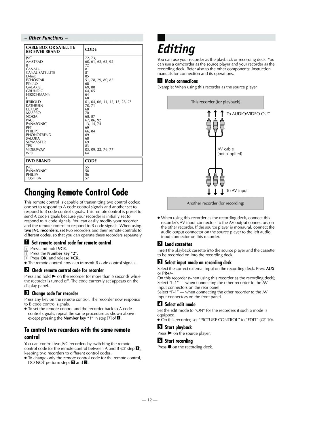 JVC HR-V600AA, HR-V600AG specifications Editing, To control two recorders with the same remote control 