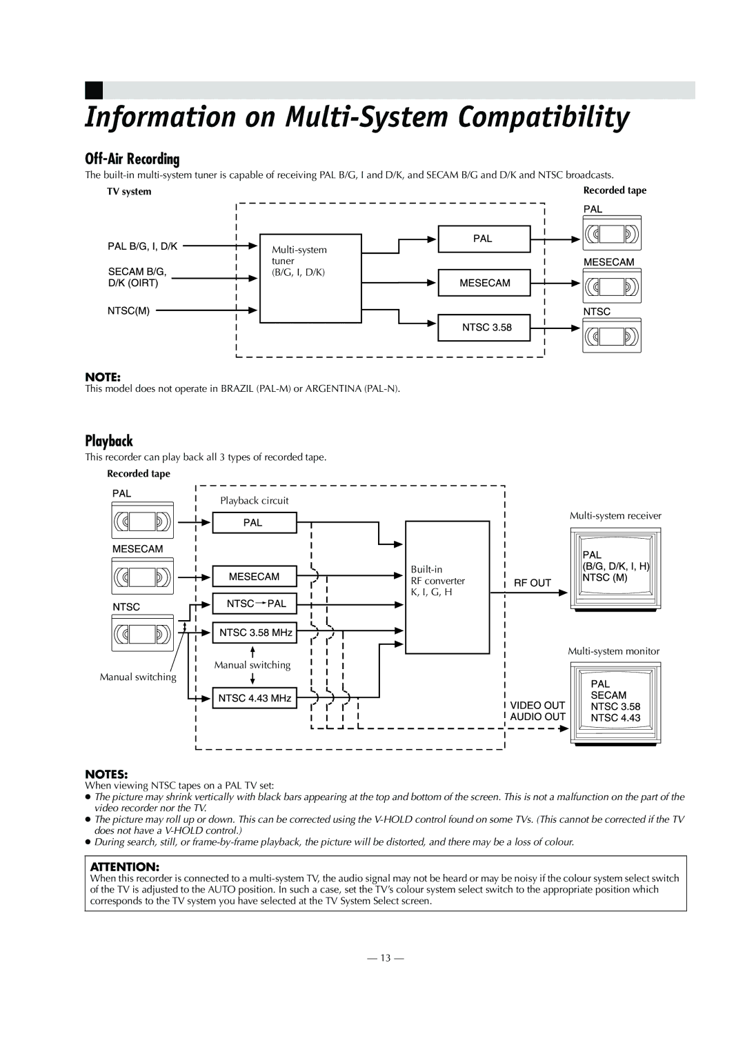 JVC HR-V600AG, HR-V600AA Information on Multi-System Compatibility, Off-Air Recording, Playback, Recorded tape 