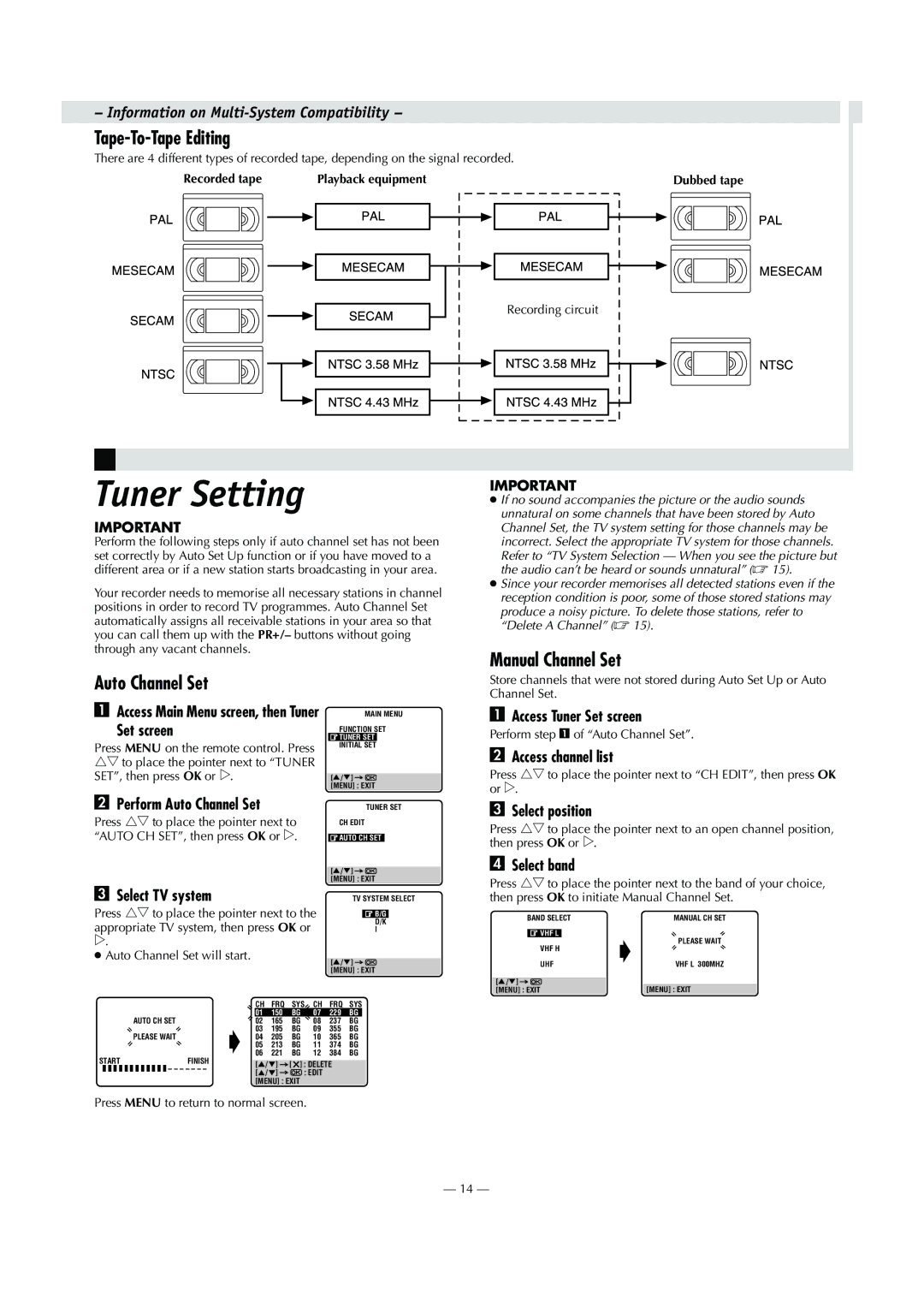 JVC HR-V600AA, HR-V600AG specifications Tuner Setting, Tape-To-Tape Editing, Auto Channel Set, Manual Channel Set 