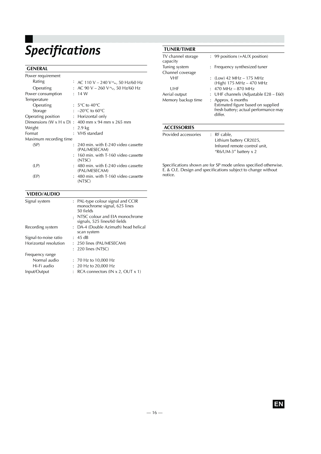 JVC HR-V600AA, HR-V600AG specifications Specifications, General 