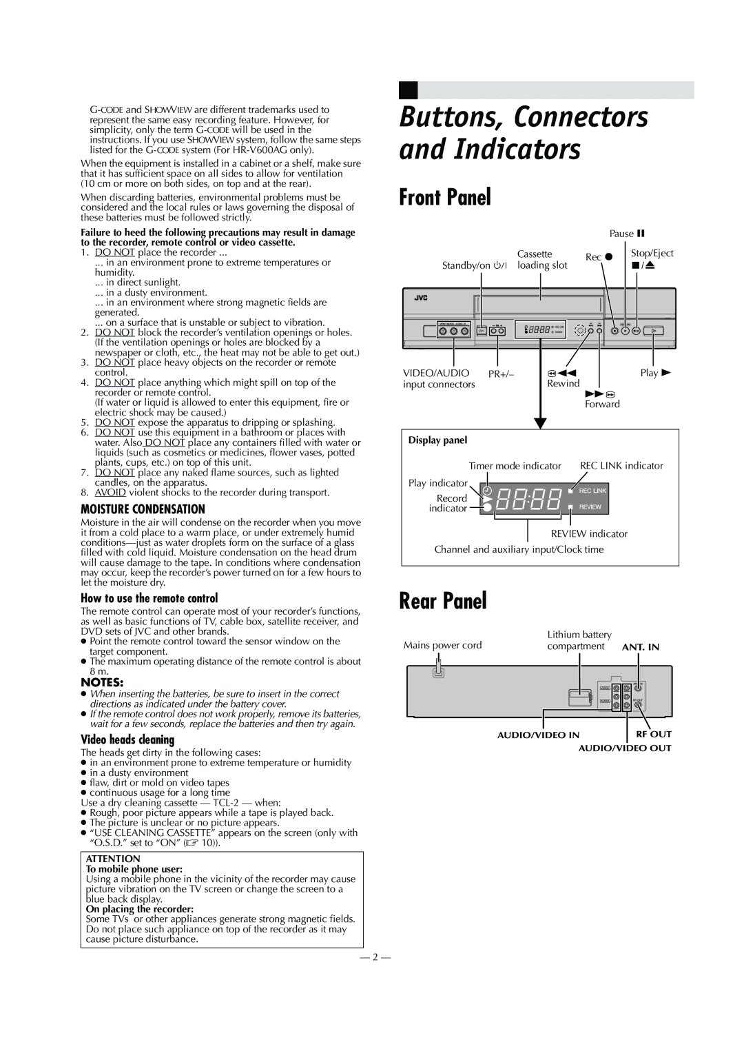 JVC HR-V600AA, HR-V600AG specifications Front Panel, Rear Panel, How to use the remote control, Video heads cleaning 