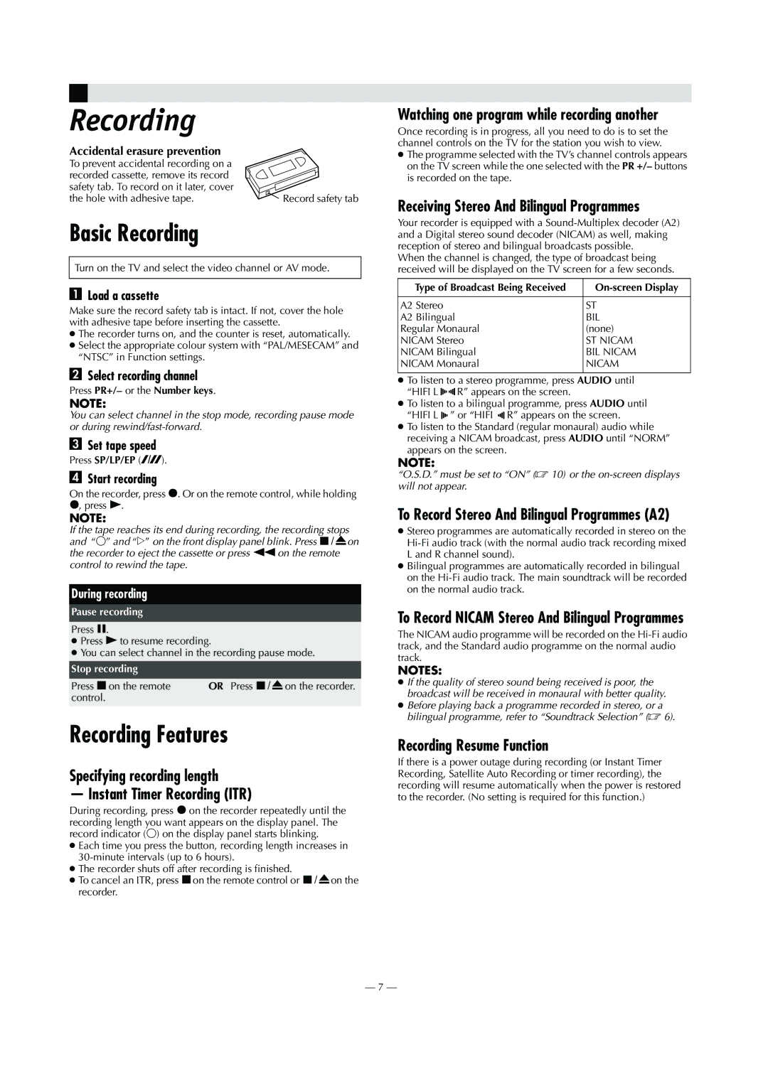 JVC HR-V600AG, HR-V600AA Basic Recording, Recording Features, Specifying recording length Instant Timer Recording ITR 