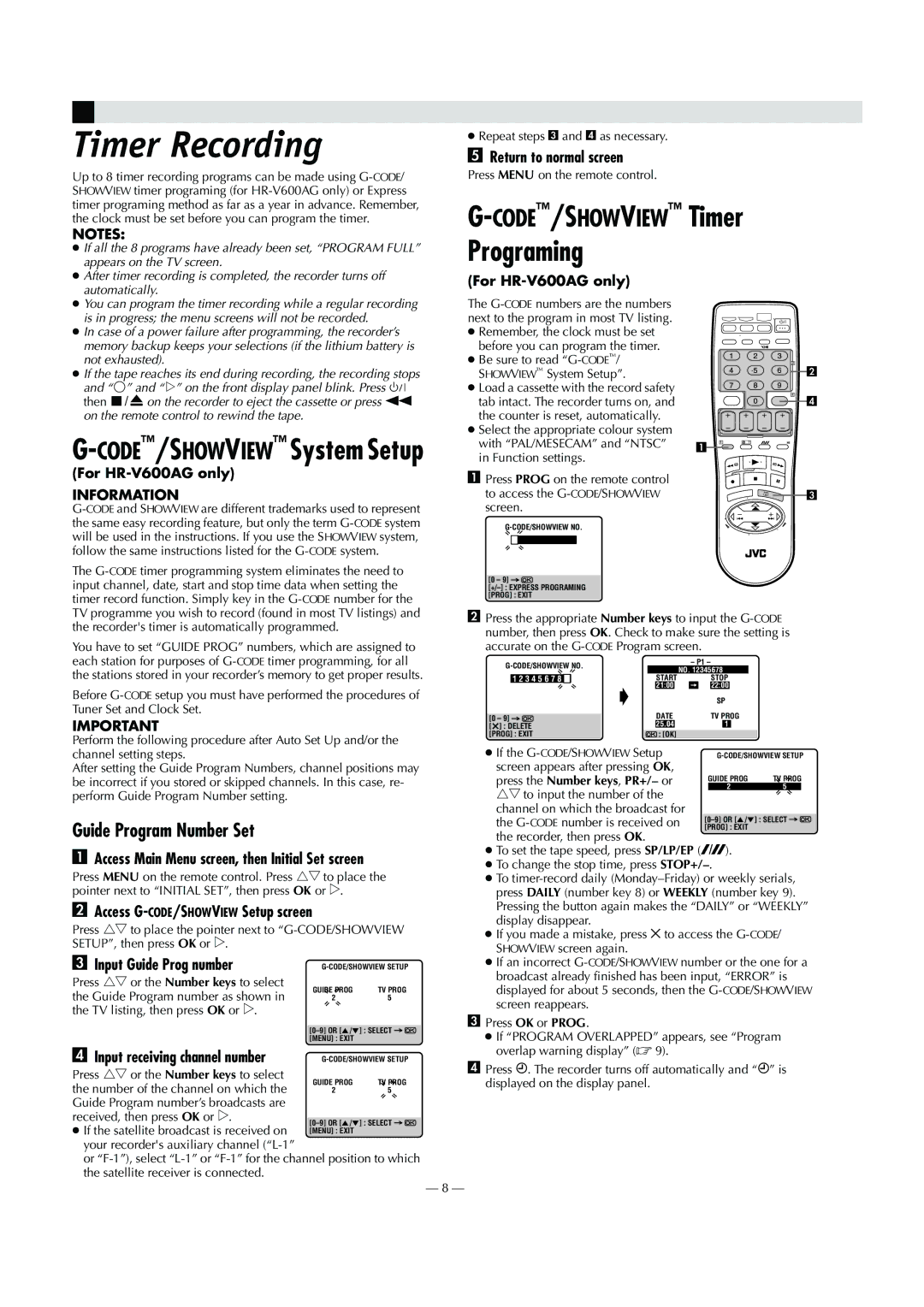 JVC HR-V600AA, HR-V600AG specifications Timer Recording, Guide Program Number Set 