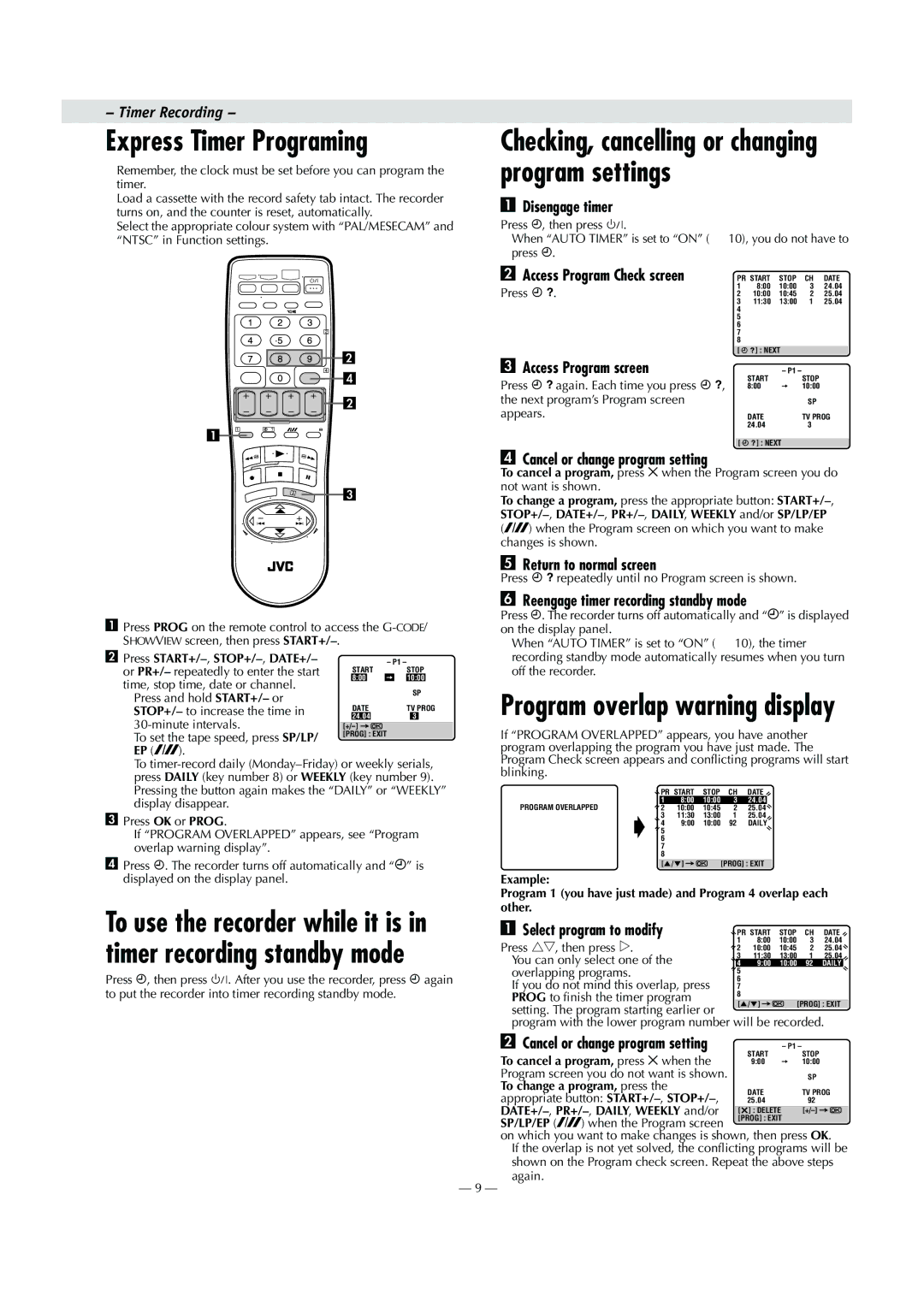 JVC HR-V600AG, HR-V600AA specifications Express Timer Programing, Timer Recording 