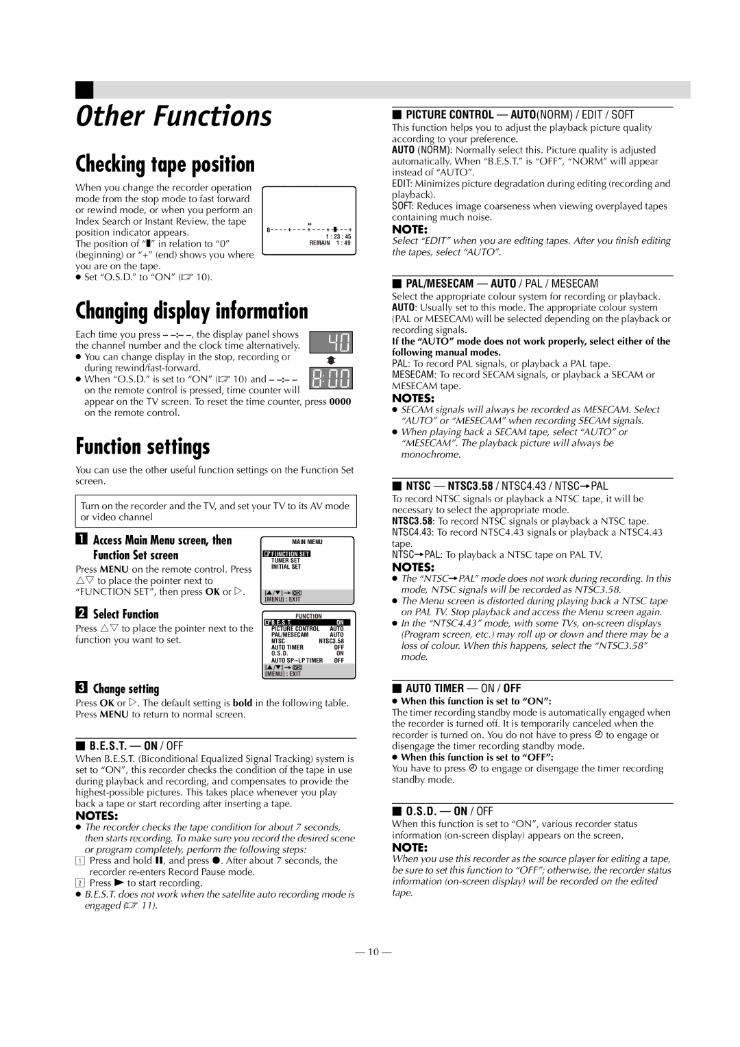 JVC HR-V610AG, HR-V610AA, HR-V610AJ specifications Other Functions, Checking tape position, Function settings 