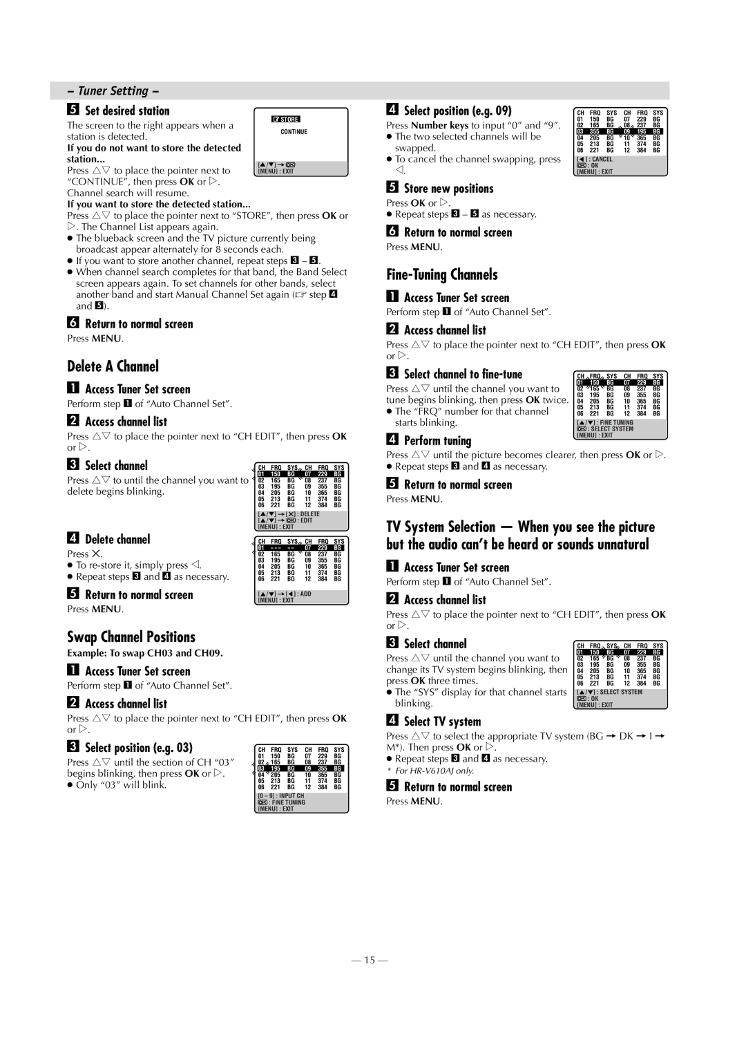 JVC HR-V610AA, HR-V610AG, HR-V610AJ Delete a Channel, Fine-Tuning Channels, Swap Channel Positions, Tuner Setting 