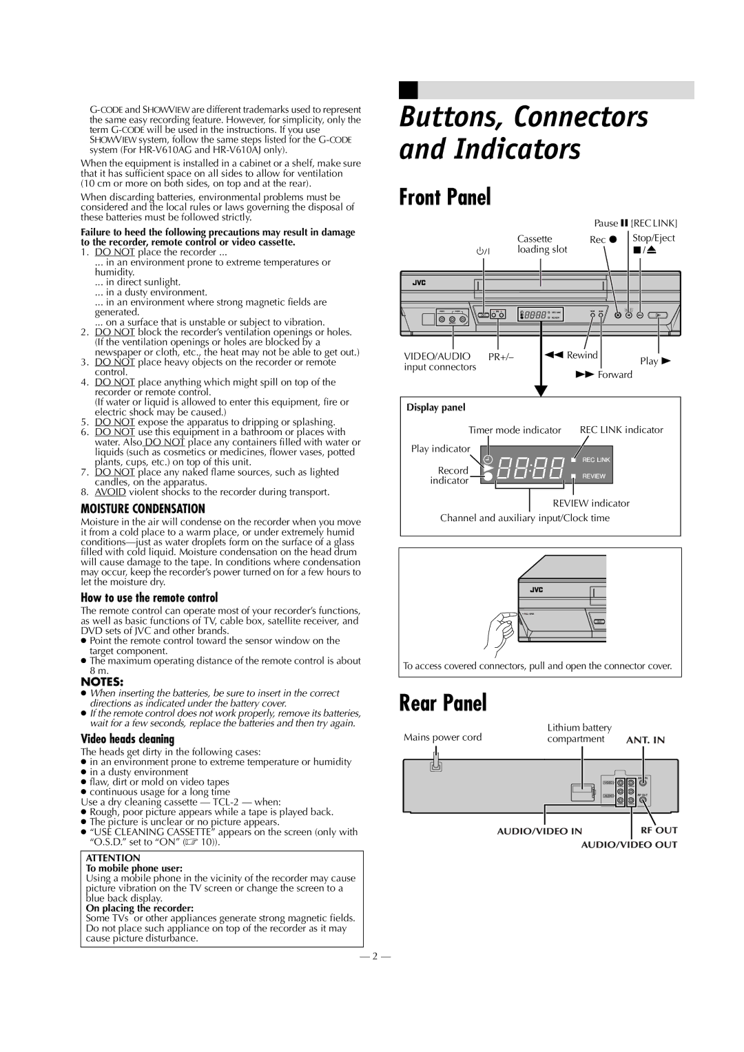 JVC HR-V610AJ, HR-V610AA, HR-V610AG Front Panel, Rear Panel, How to use the remote control, Video heads cleaning 