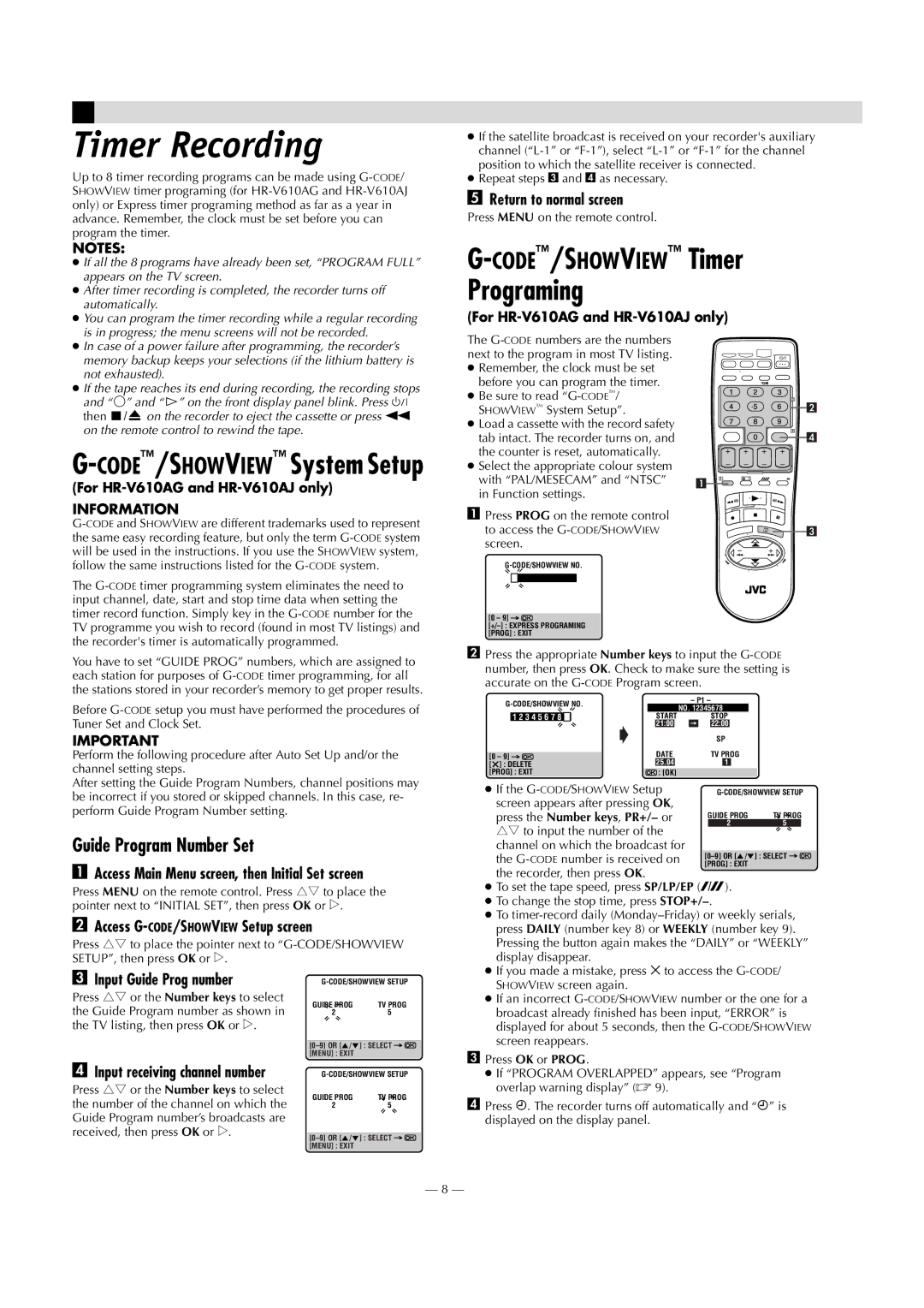 JVC HR-V610AJ, HR-V610AA, HR-V610AG specifications Timer Recording, Guide Program Number Set 