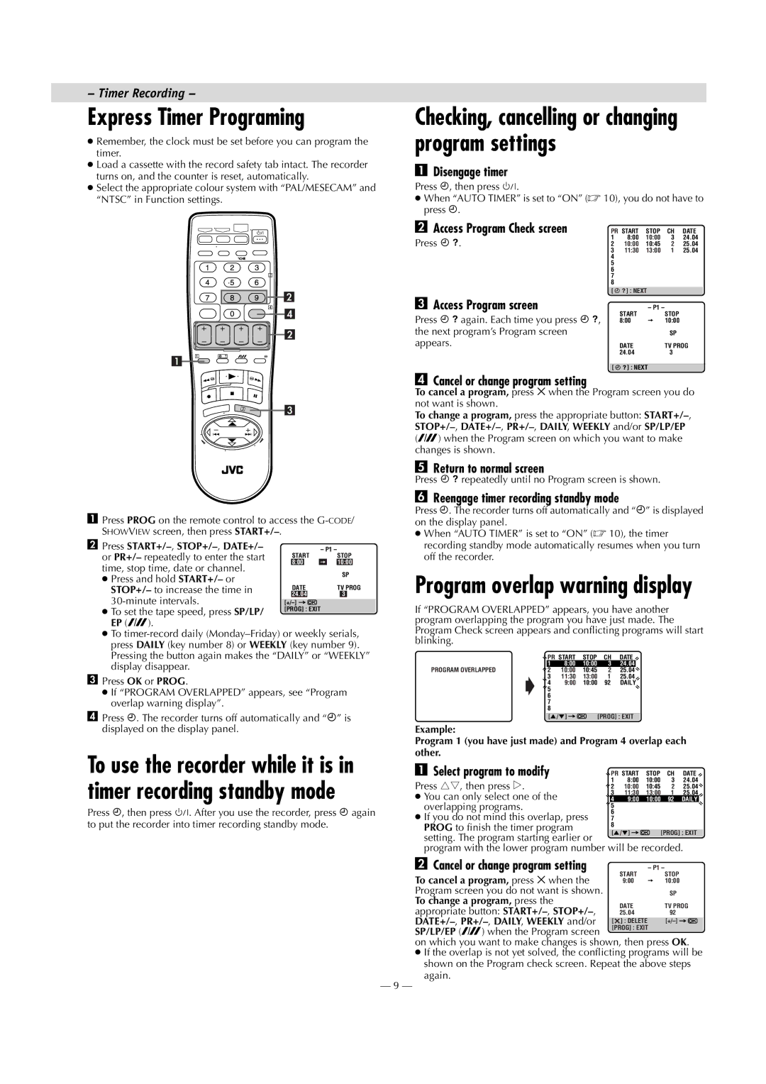 JVC HR-V610AA, HR-V610AG, HR-V610AJ specifications Express Timer Programing, Timer Recording 