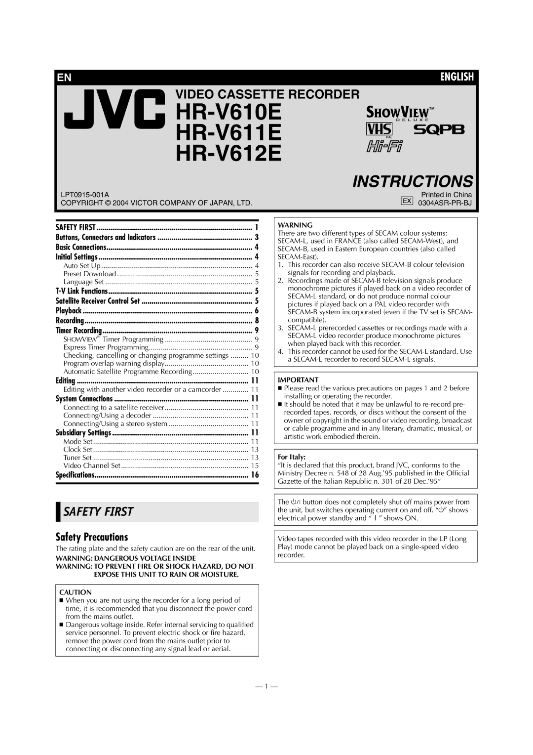 JVC HR-V611E, HR-V612E, HR-V610E specifications Safety Precautions, For Italy 