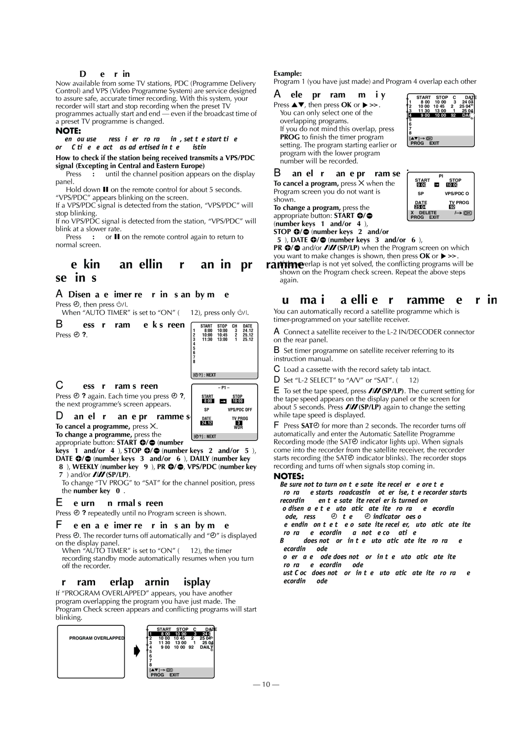 JVC HR-V611E, HR-V612E, HR-V610E Checking, cancelling or changing programme settings, Program overlap warning display 