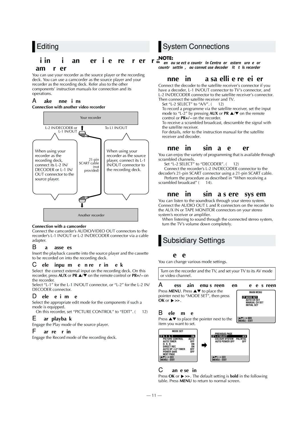 JVC HR-V610E, HR-V612E, HR-V611E specifications Editing, System Connections, Subsidiary Settings 