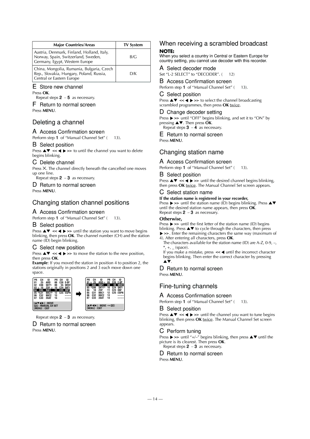 JVC HR-V610E, HR-V612E Deleting a channel, Changing station channel positions, When receiving a scrambled broadcast 