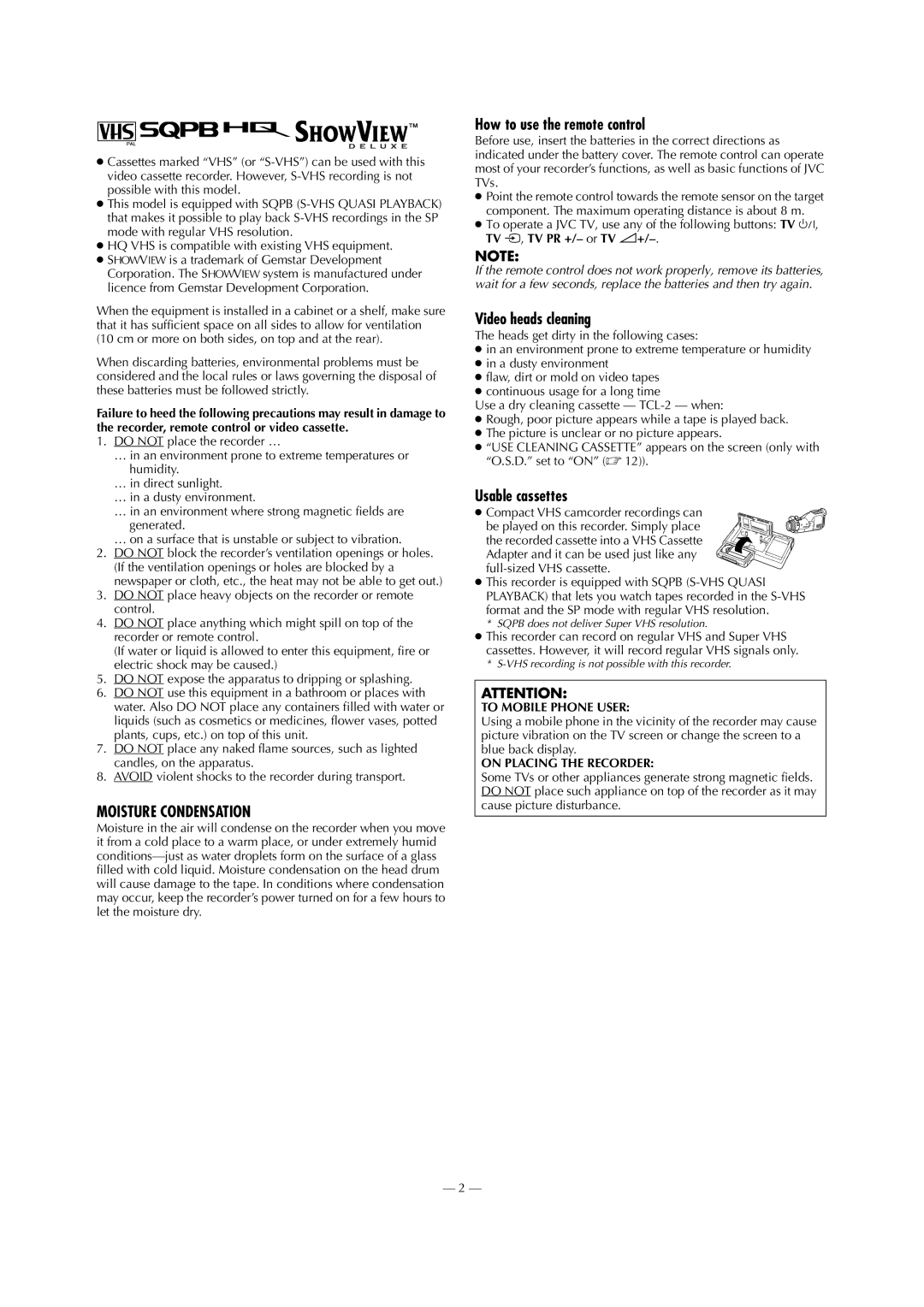 JVC HR-V610E, HR-V612E, HR-V611E specifications How to use the remote control, Video heads cleaning, Usable cassettes 