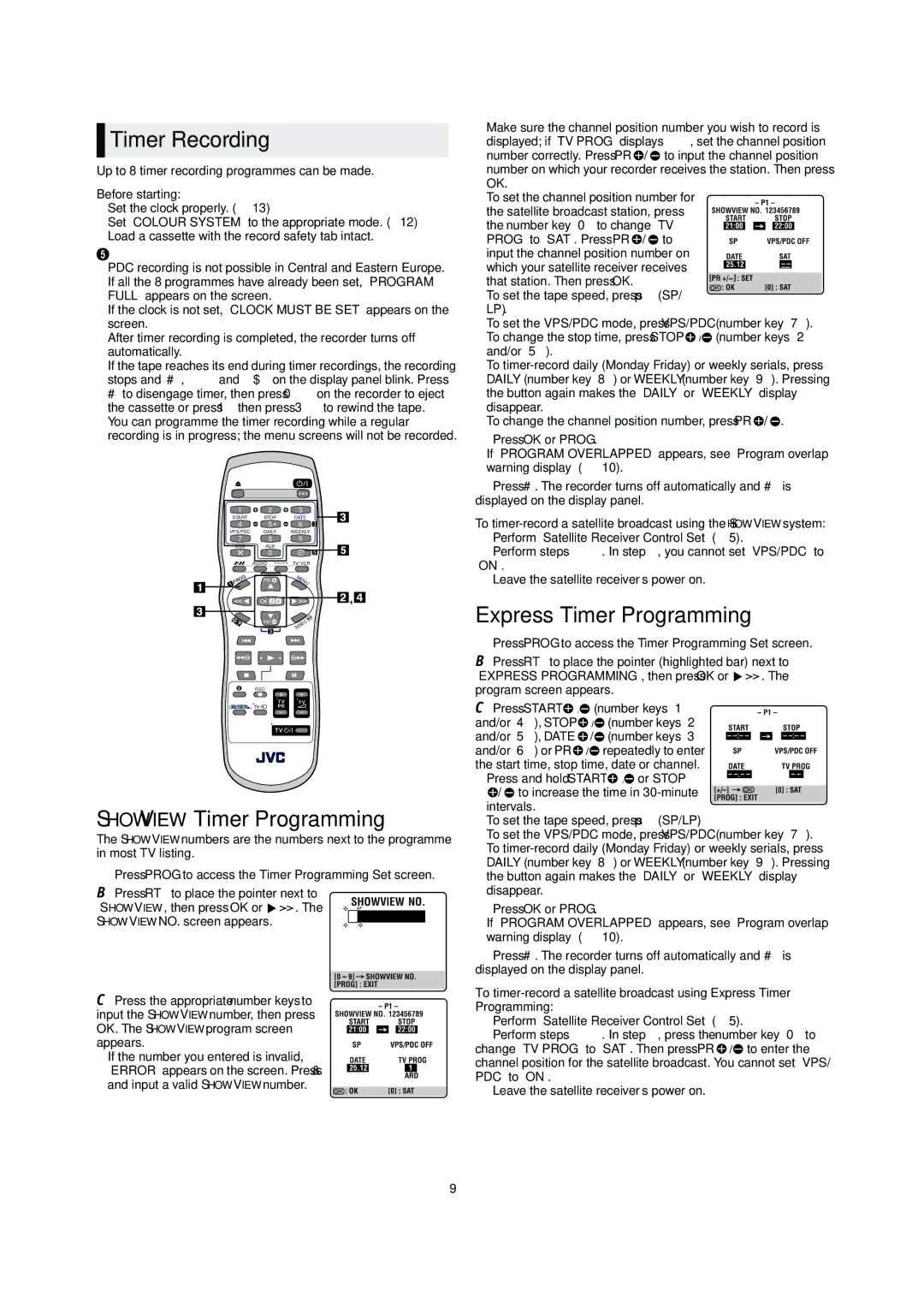 JVC HR-V612E, HR-V611E, HR-V610E specifications Timer Recording, Showview Timer Programming, Express Timer Programming 